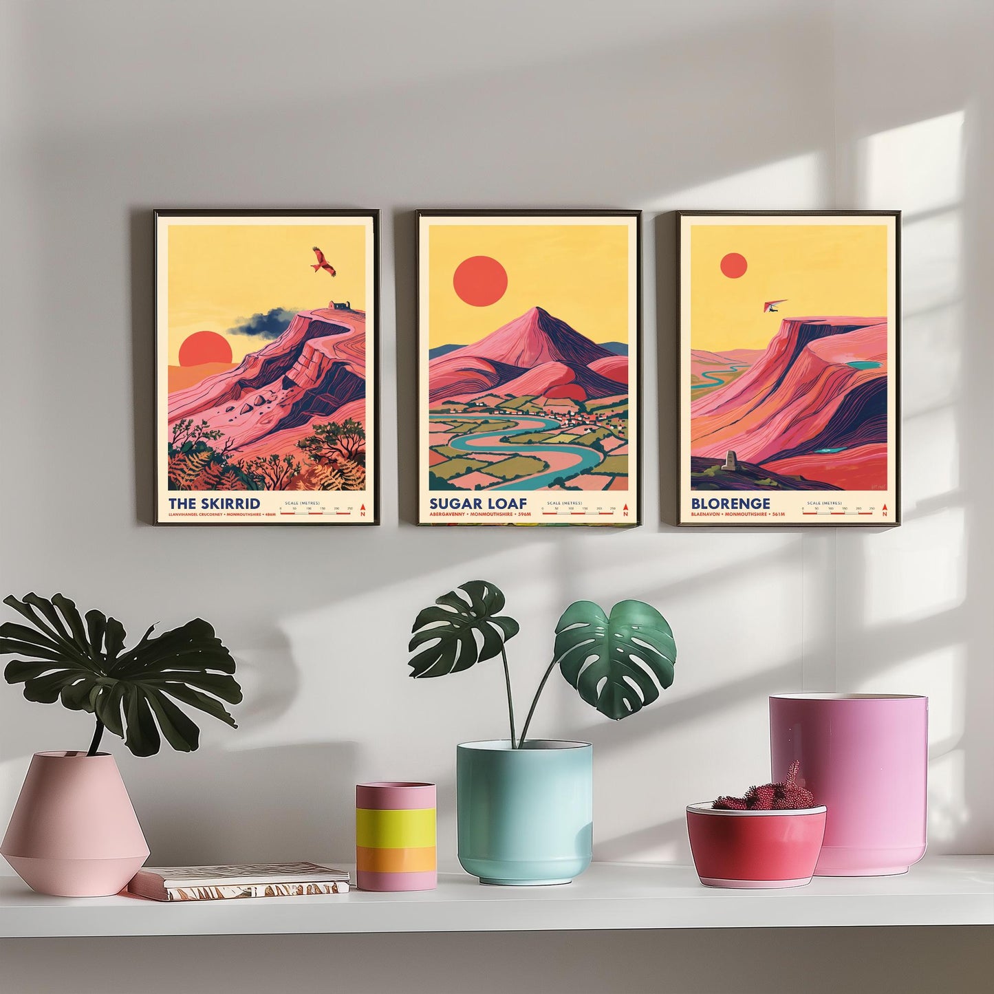 The Abergavenny Three Peaks Set of Three Art Prints - Skirrid, Sugar Loaf, Blorenge - Welsh Mountain Travel Posters - Painting