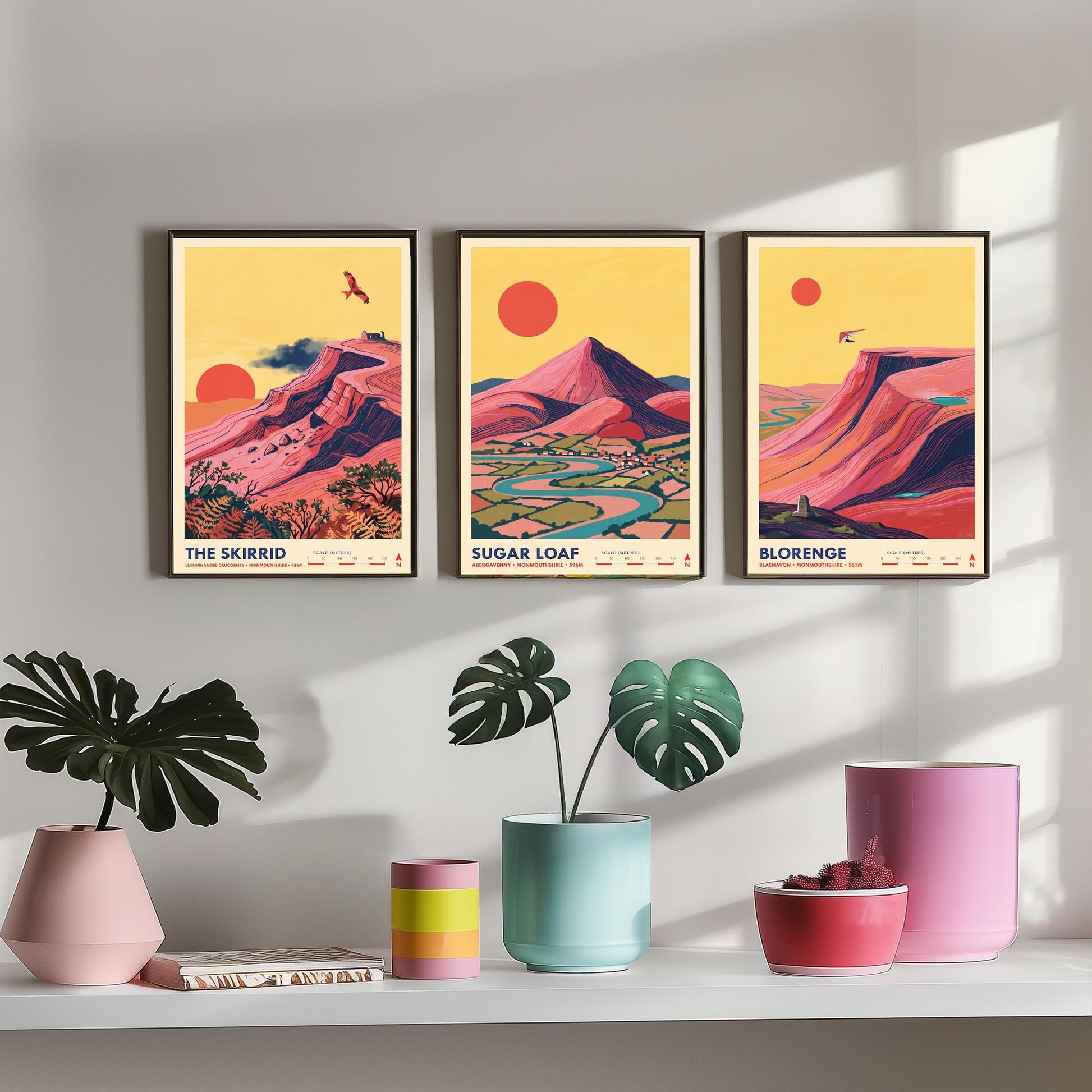 The Abergavenny Three Peaks Set of Three Art Prints - Skirrid, Sugar Loaf, Blorenge - Welsh Mountain Travel Posters - Painting