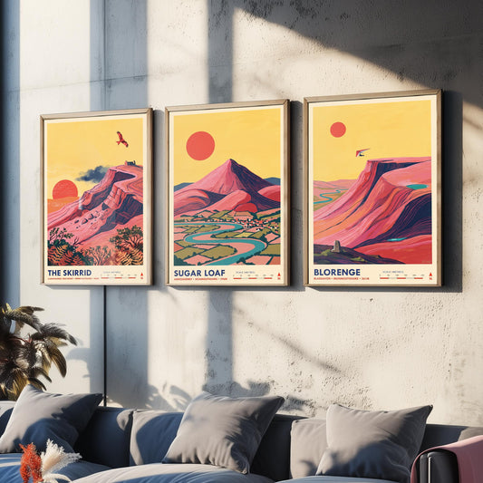 The Abergavenny Three Peaks Set of Three Art Prints - Skirrid, Sugar Loaf, Blorenge - Welsh Mountain Travel Posters - Painting