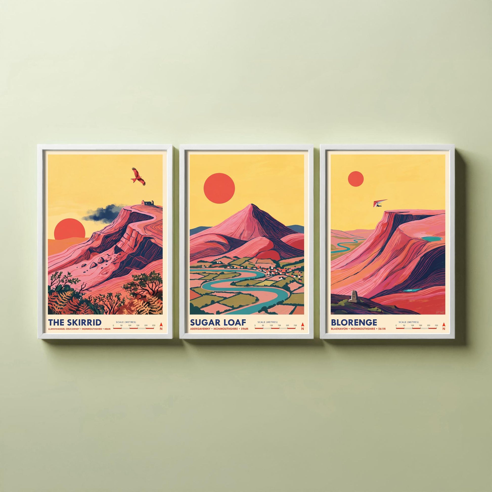 The Abergavenny Three Peaks Set of Three Art Prints - Skirrid, Sugar Loaf, Blorenge - Welsh Mountain Travel Posters - Painting