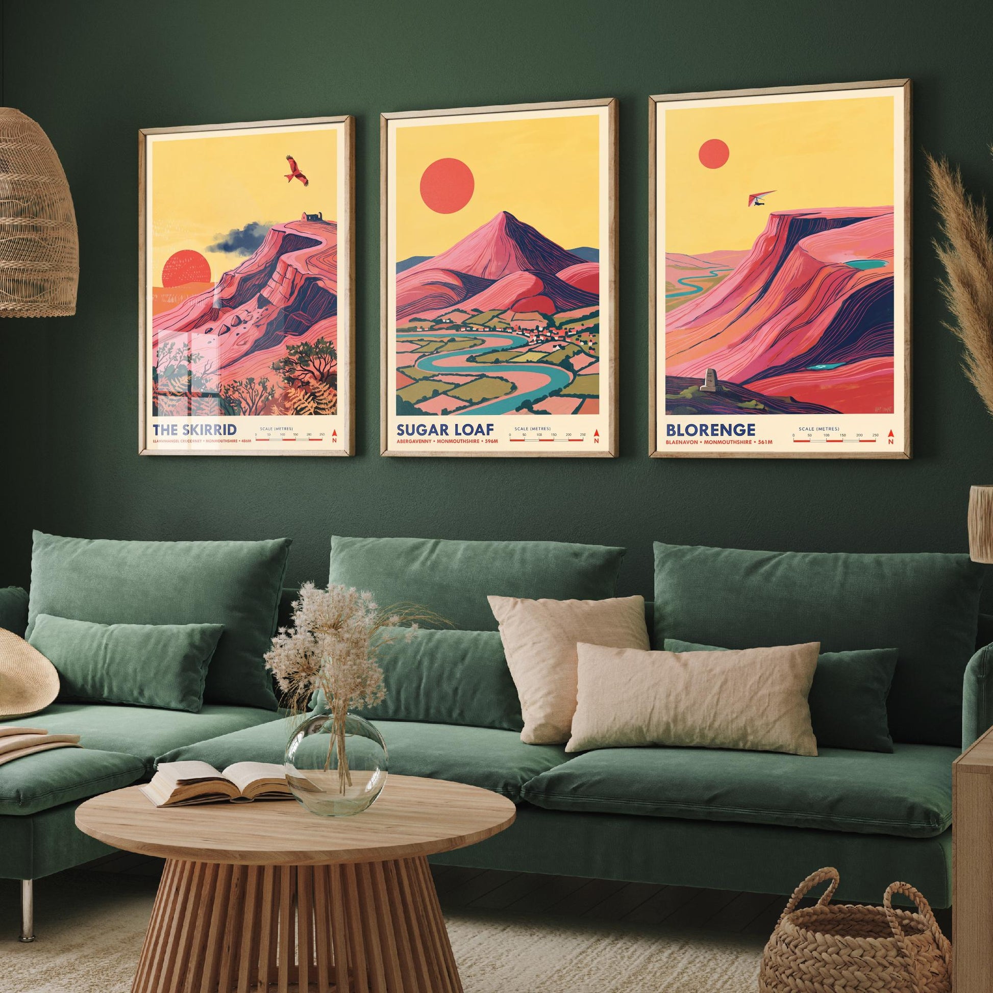 The Abergavenny Three Peaks Set of Three Art Prints - Skirrid, Sugar Loaf, Blorenge - Welsh Mountain Travel Posters - Painting