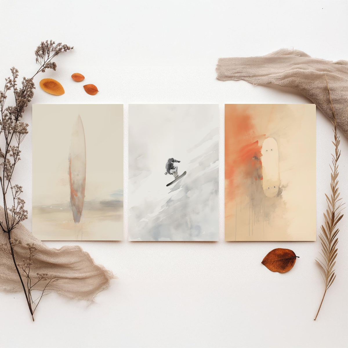 Board Sports Set of Three Art Prints - Surfboard, Snowboarder, Skateboard - Minimalist Watercolour Poster in Peach and Grey
