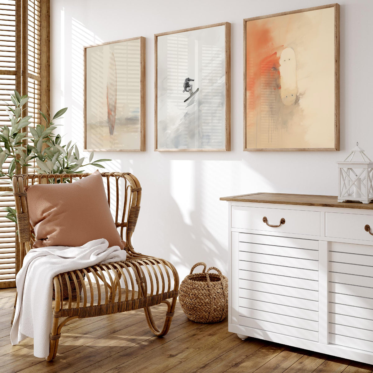 Board Sports Set of Three Art Prints - Surfboard, Snowboarder, Skateboard - Minimalist Watercolour Poster in Peach and Grey