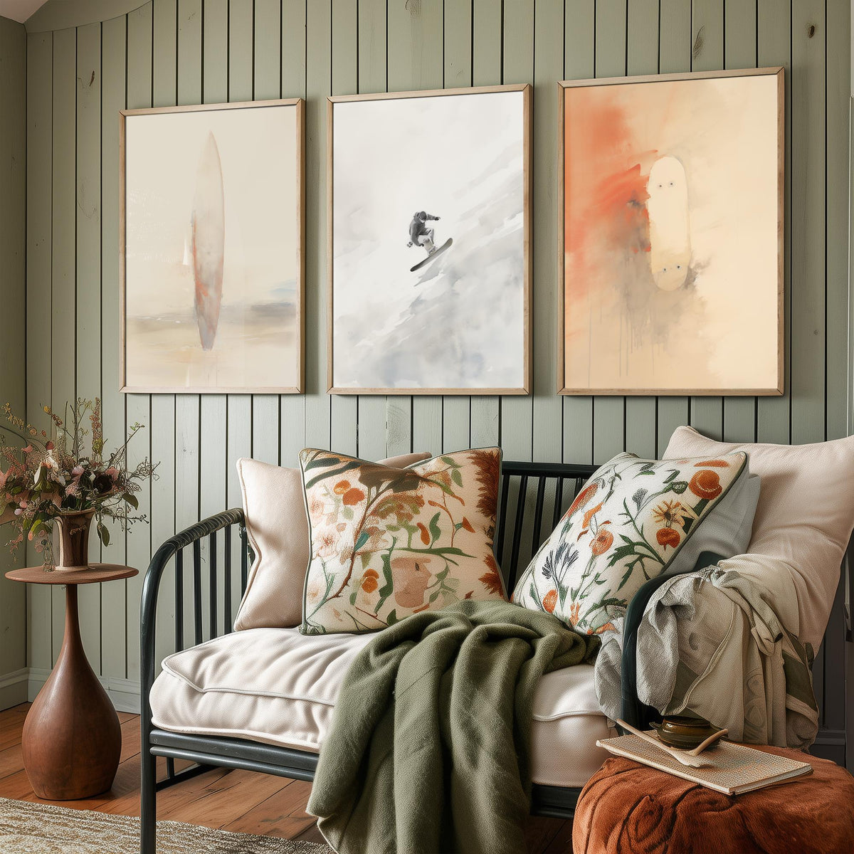 Board Sports Set of Three Art Prints - Surfboard, Snowboarder, Skateboard - Minimalist Watercolour Poster in Peach and Grey