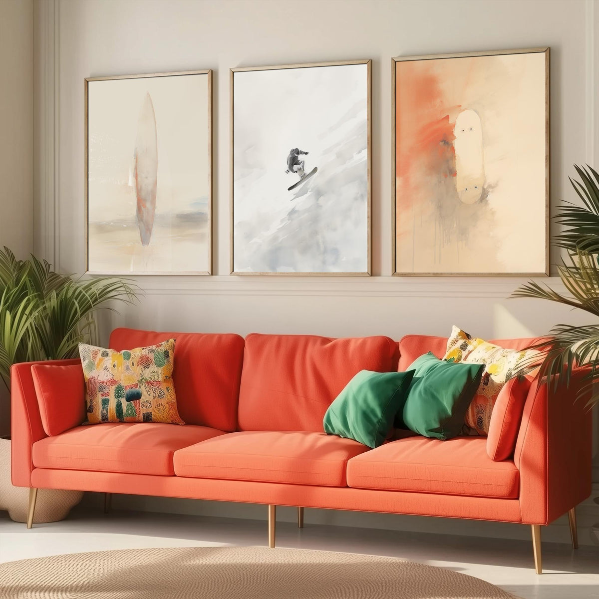 Board Sports Set of Three Art Prints - Surfboard, Snowboarder, Skateboard - Minimalist Watercolour Poster in Peach and Grey