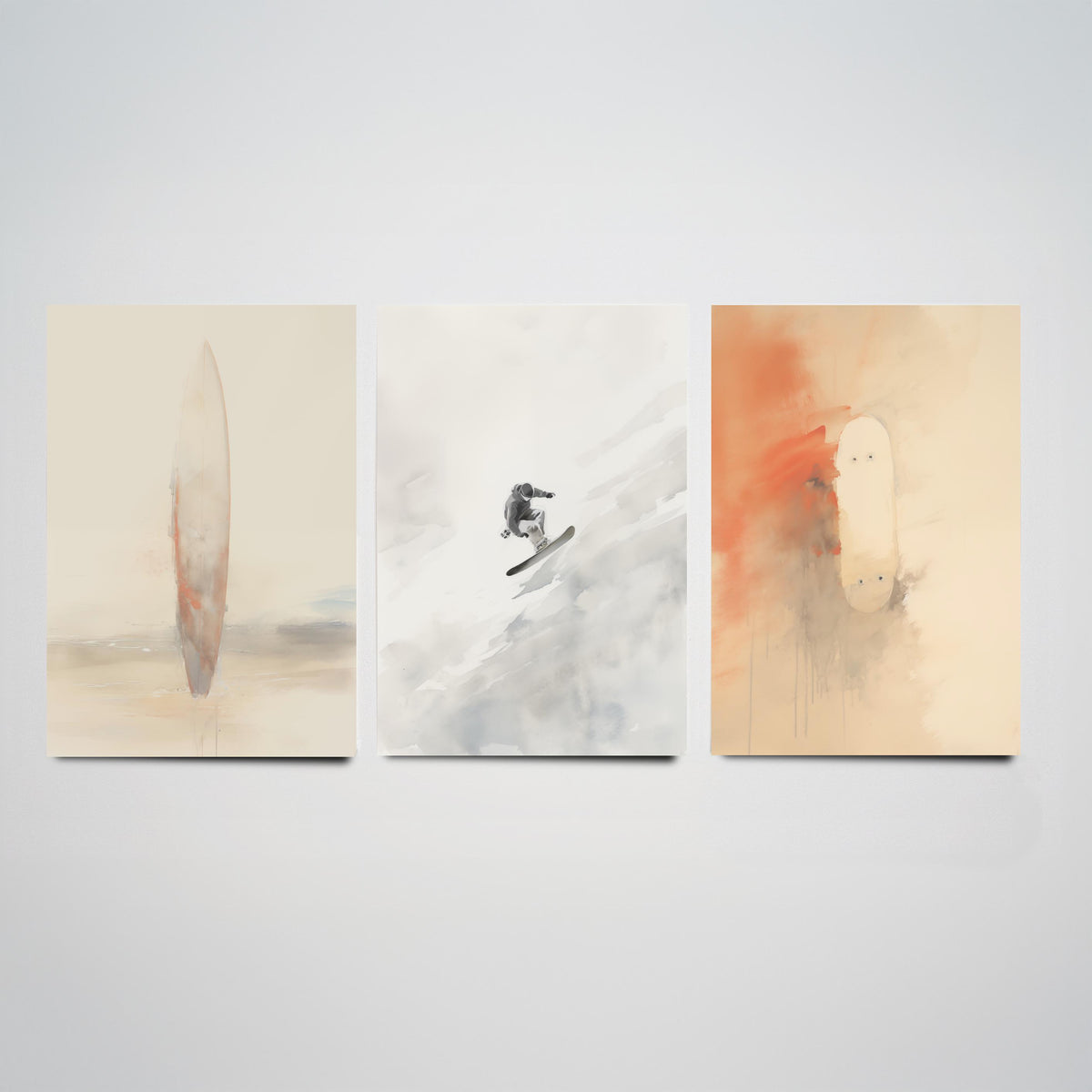 Board Sports Set of Three Art Prints - Surfboard, Snowboarder, Skateboard - Minimalist Watercolour Poster in Peach and Grey