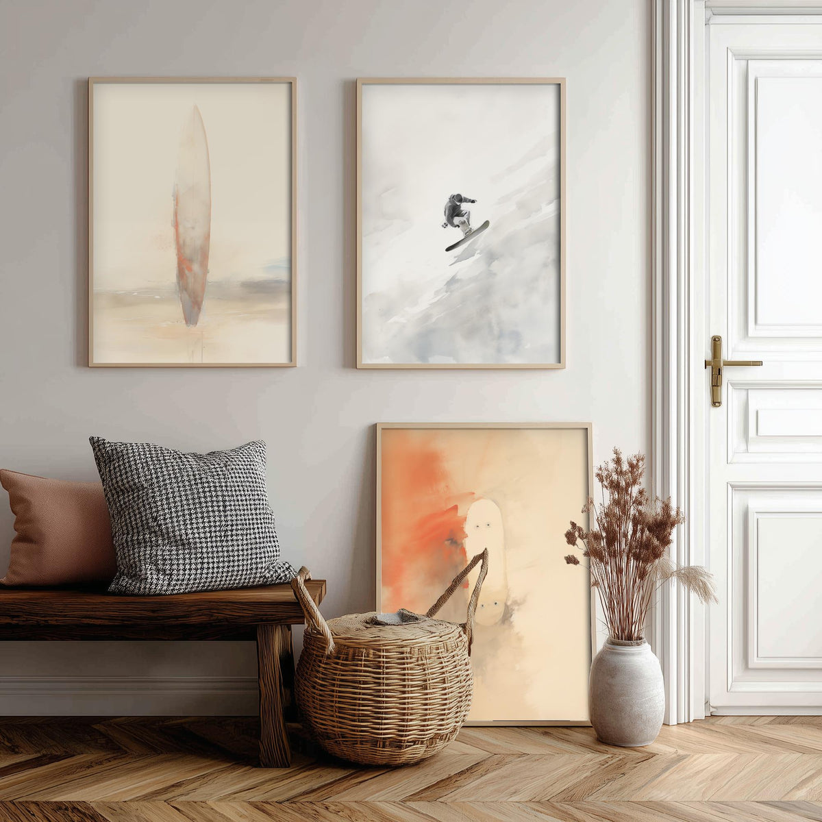 Board Sports Set of Three Art Prints - Surfboard, Snowboarder, Skateboard - Minimalist Watercolour Poster in Peach and Grey