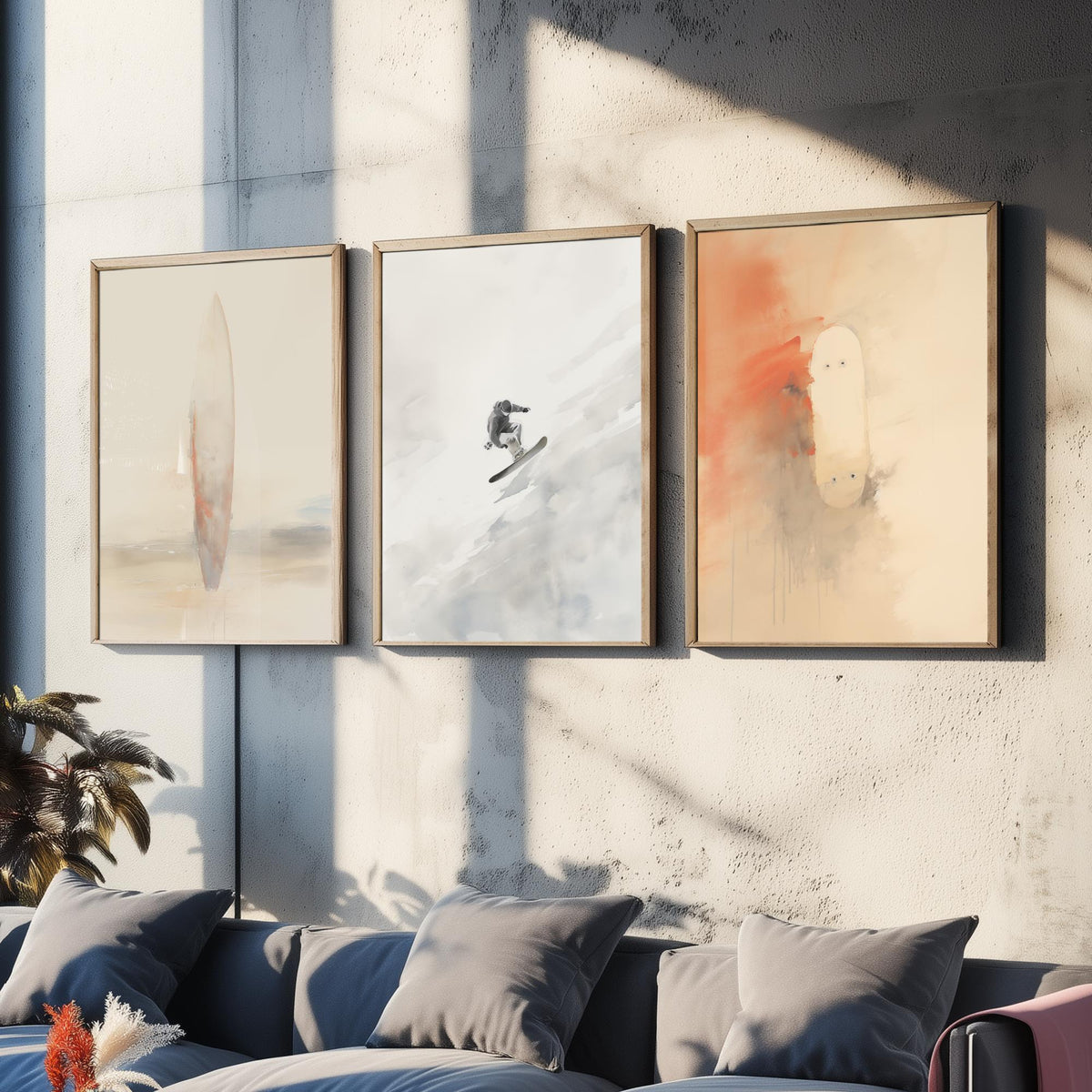 Board Sports Set of Three Art Prints - Surfboard, Snowboarder, Skateboard - Minimalist Watercolour Poster in Peach and Grey