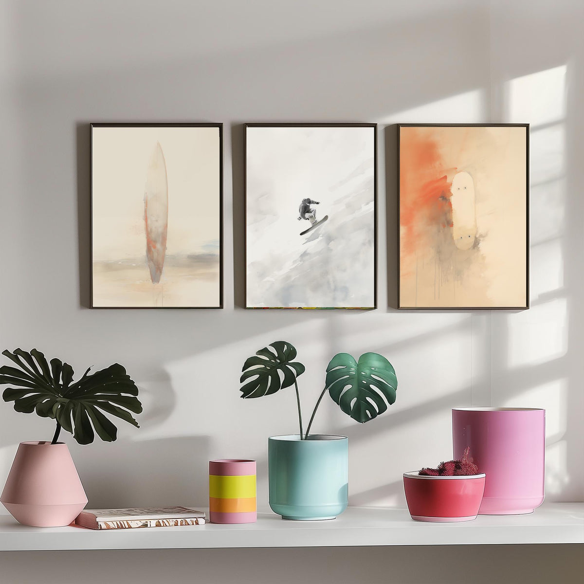 Board Sports Set of Three Art Prints - Surfboard, Snowboarder, Skateboard - Minimalist Watercolour Poster in Peach and Grey