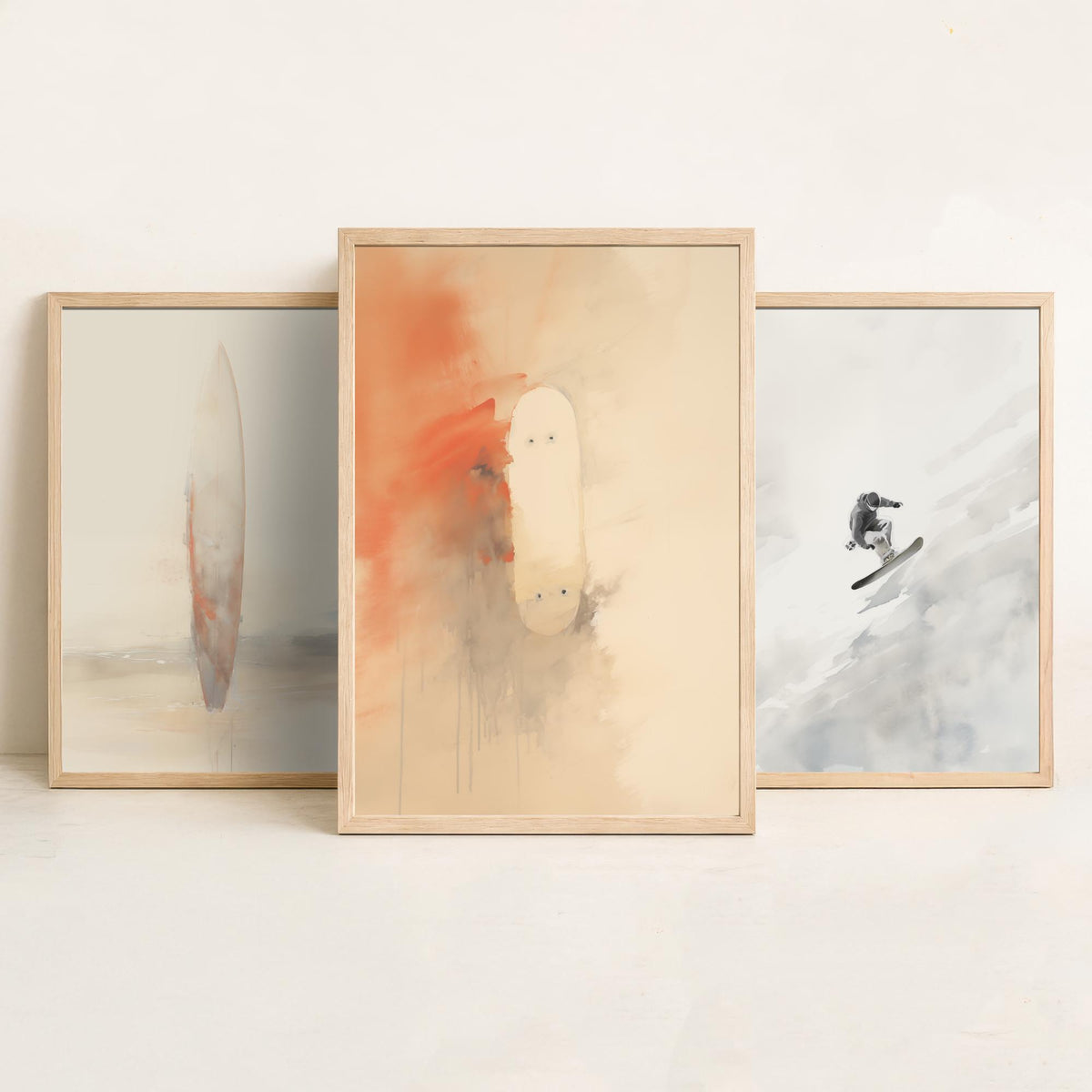 Board Sports Set of Three Art Prints - Surfboard, Snowboarder, Skateboard - Minimalist Watercolour Poster in Peach and Grey