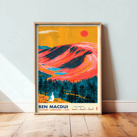 Ben Macdui Travel Poster - Cairngorms Scotland Art Print - Ptarmigan and Pine Forest Mountain Illustration 1/3