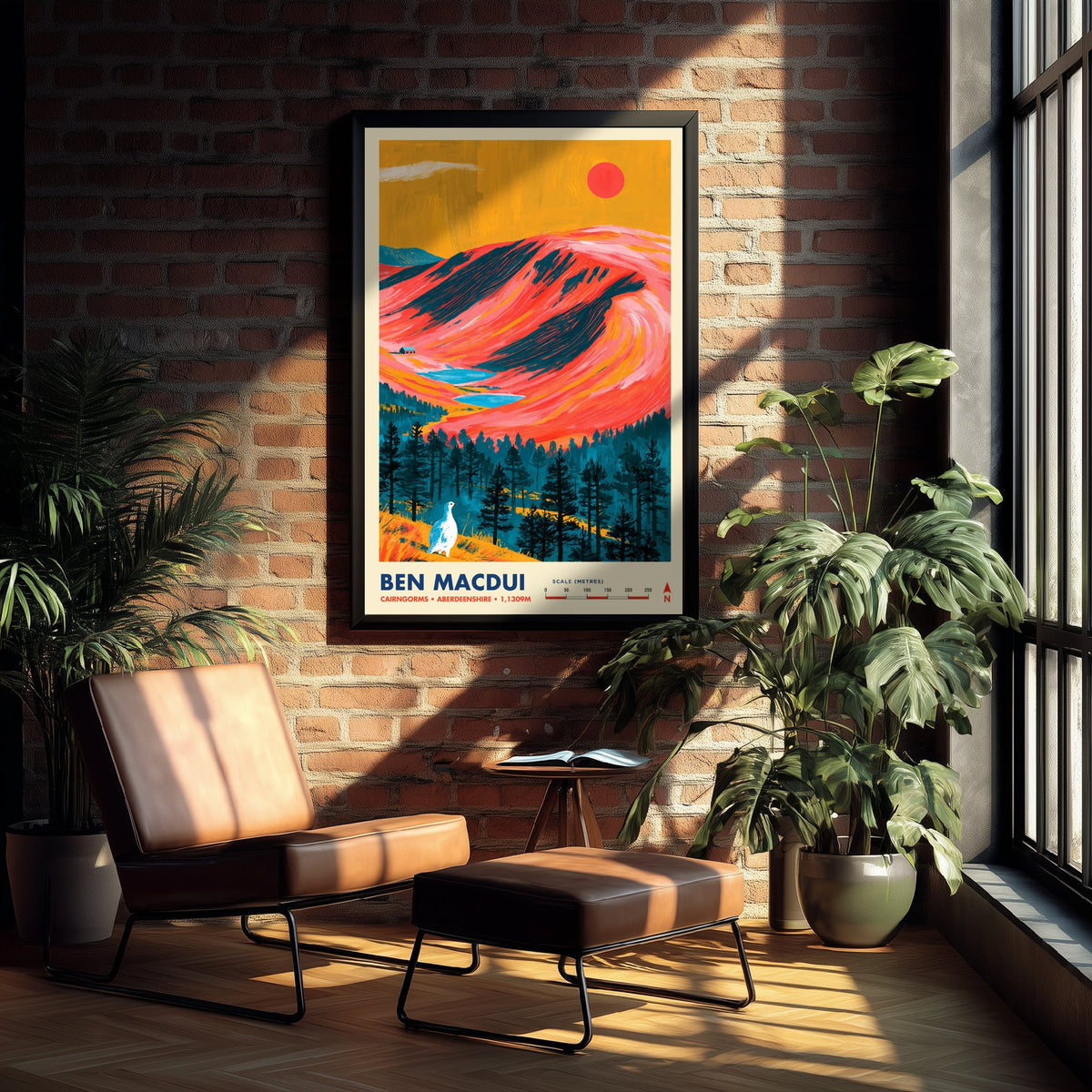 Ben Macdui Travel Poster - Cairngorms Scotland Art Print - Ptarmigan and Pine Forest Mountain Illustration 1/3