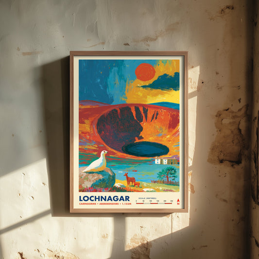 Lochnagar Travel Poster - Cairngorms Scotland Art Print - Corrie Ptarmigan and Deer Mountain Illustration 2/3
