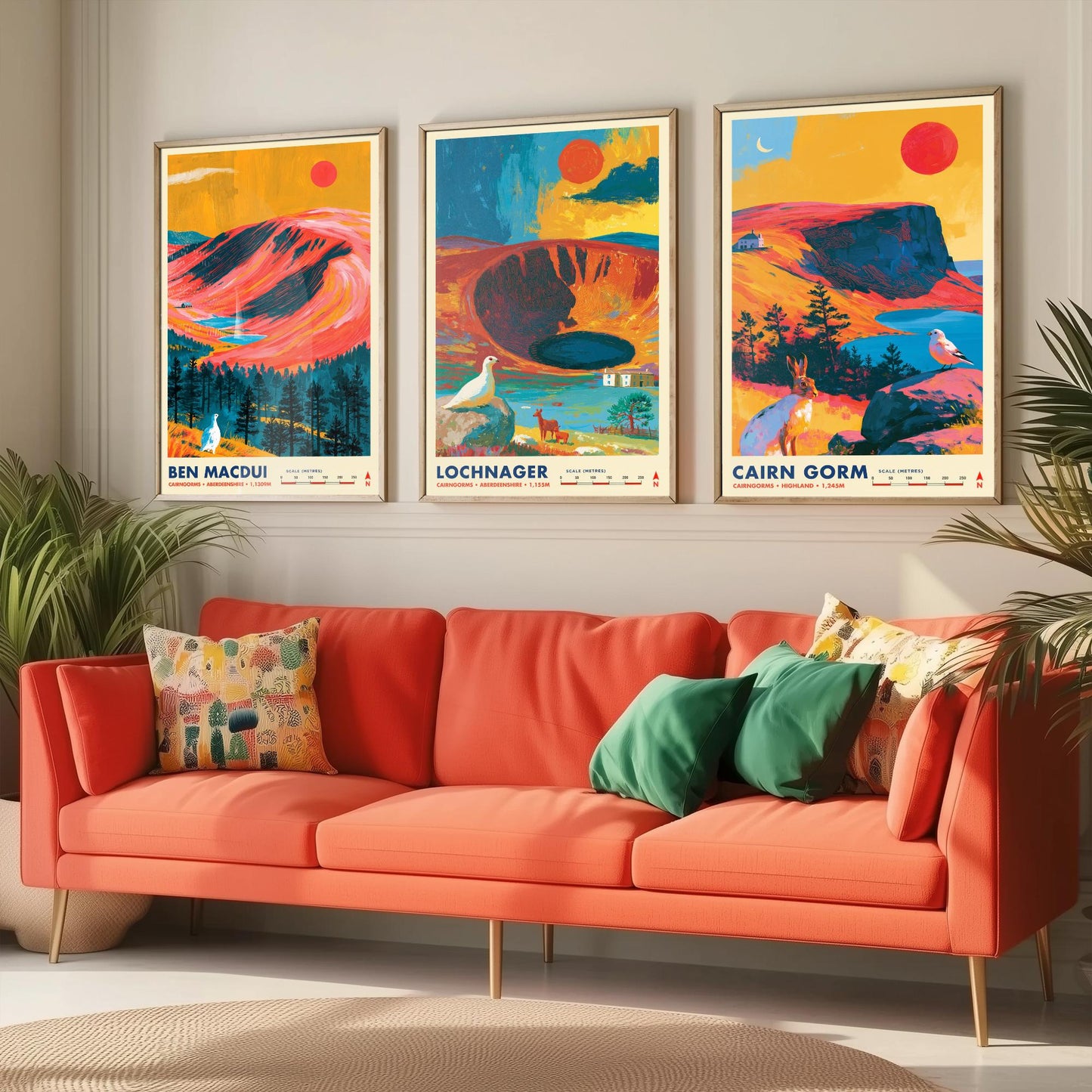 Cairngorms Set of Three Travel Posters - Ben Macdui, Lochnagar, Cairn Gorm - Vibrant Scotland Art Print Illustration Gift