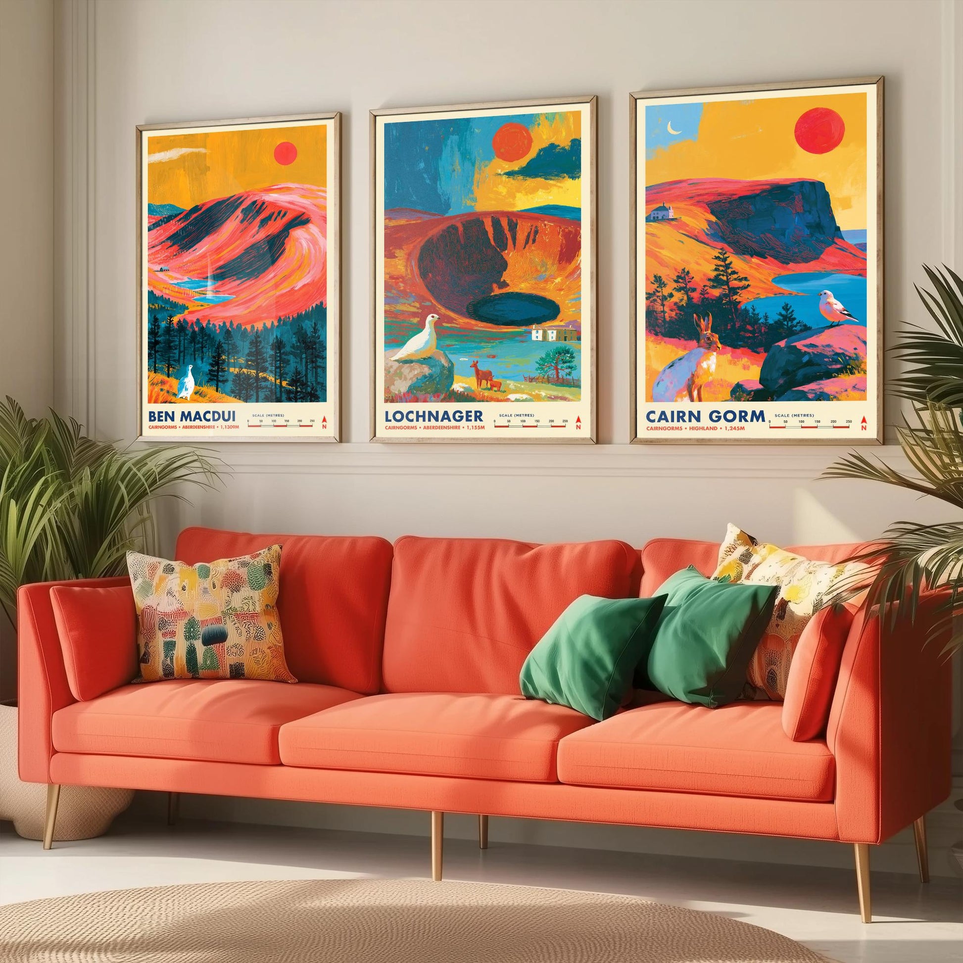 Cairngorms Set of Three Travel Posters - Ben Macdui, Lochnagar, Cairn Gorm - Vibrant Scotland Art Print Illustration Gift