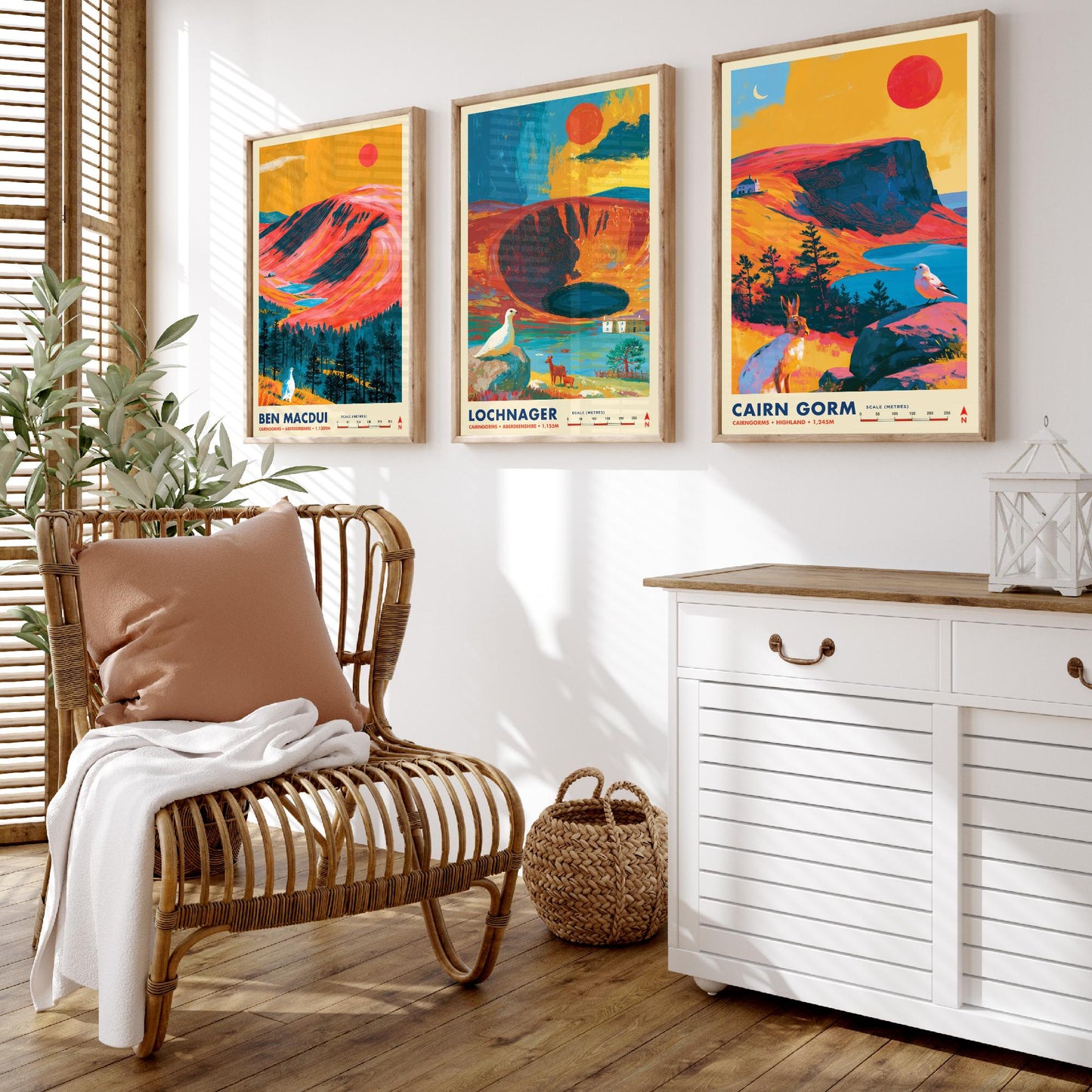 Cairngorms Set of Three Travel Posters - Ben Macdui, Lochnagar, Cairn Gorm - Vibrant Scotland Art Print Illustration Gift