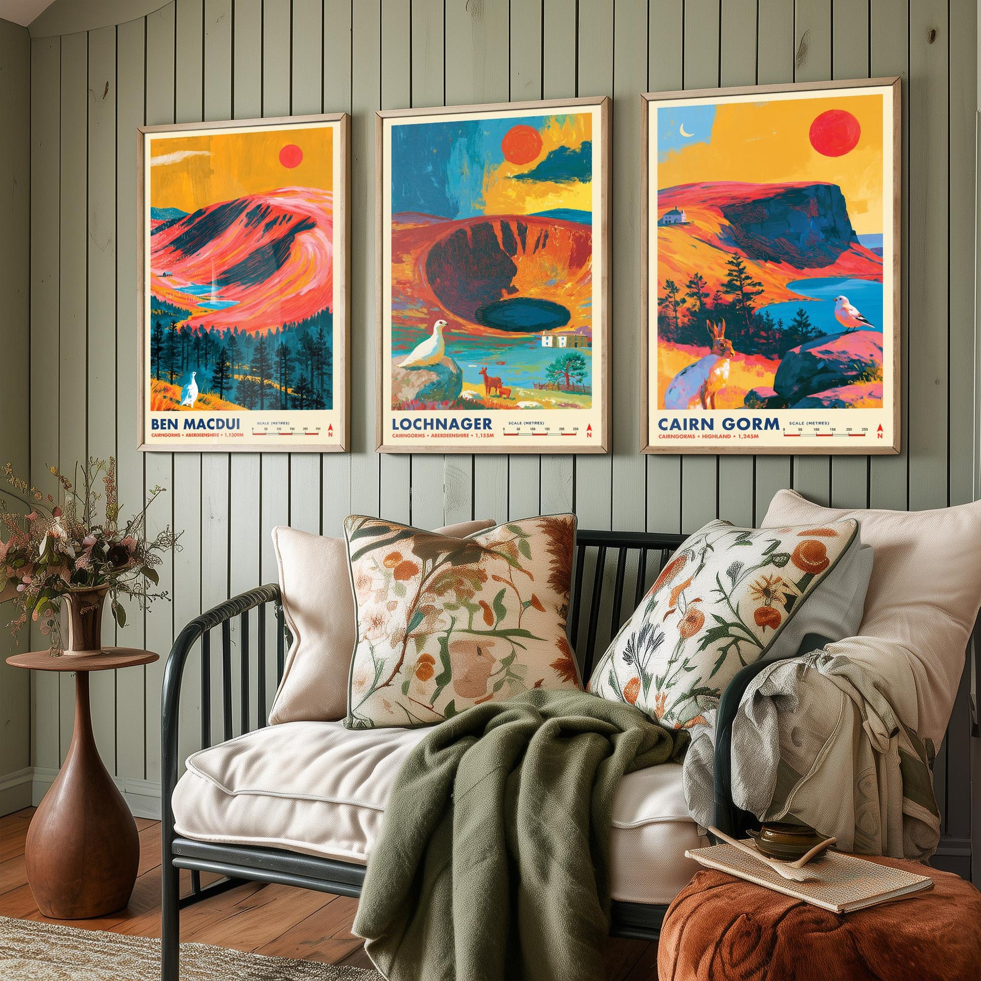 Cairngorms Set of Three Travel Posters - Ben Macdui, Lochnagar, Cairn Gorm - Vibrant Scotland Art Print Illustration Gift