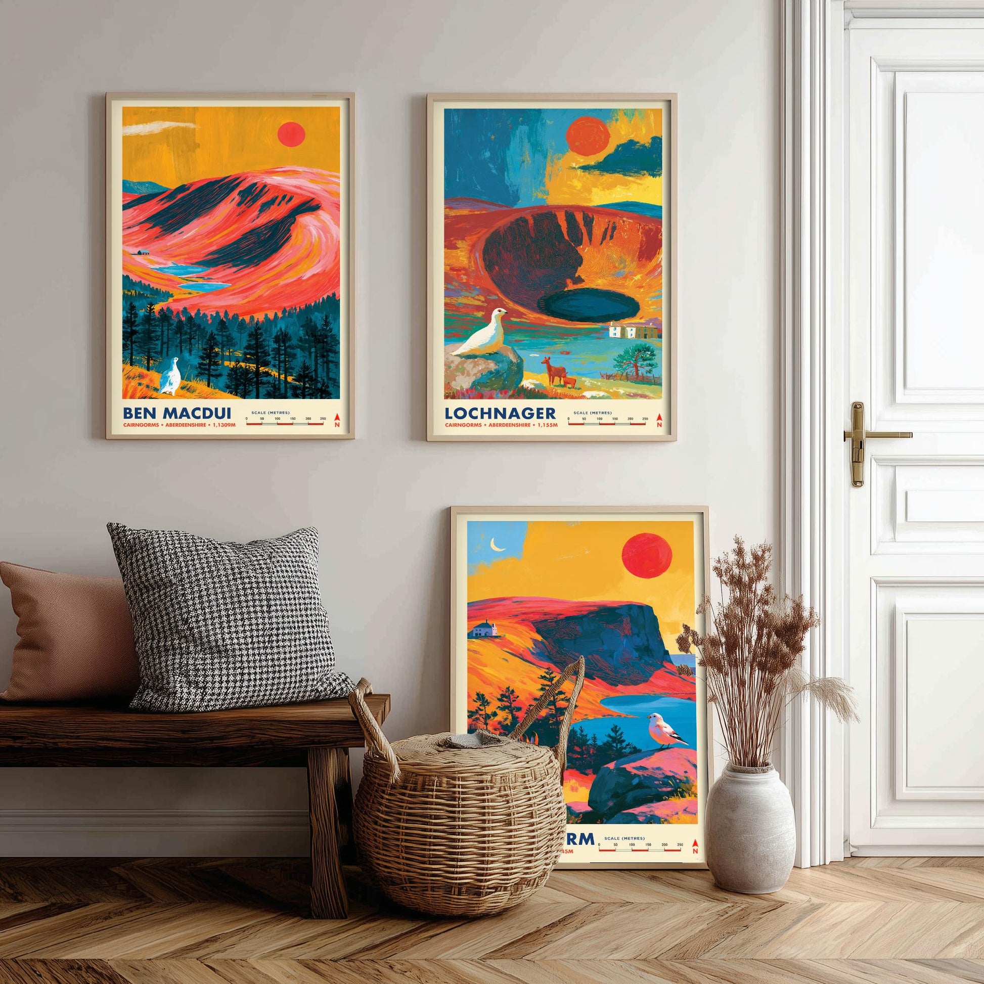 Cairngorms Set of Three Travel Posters - Ben Macdui, Lochnagar, Cairn Gorm - Vibrant Scotland Art Print Illustration Gift