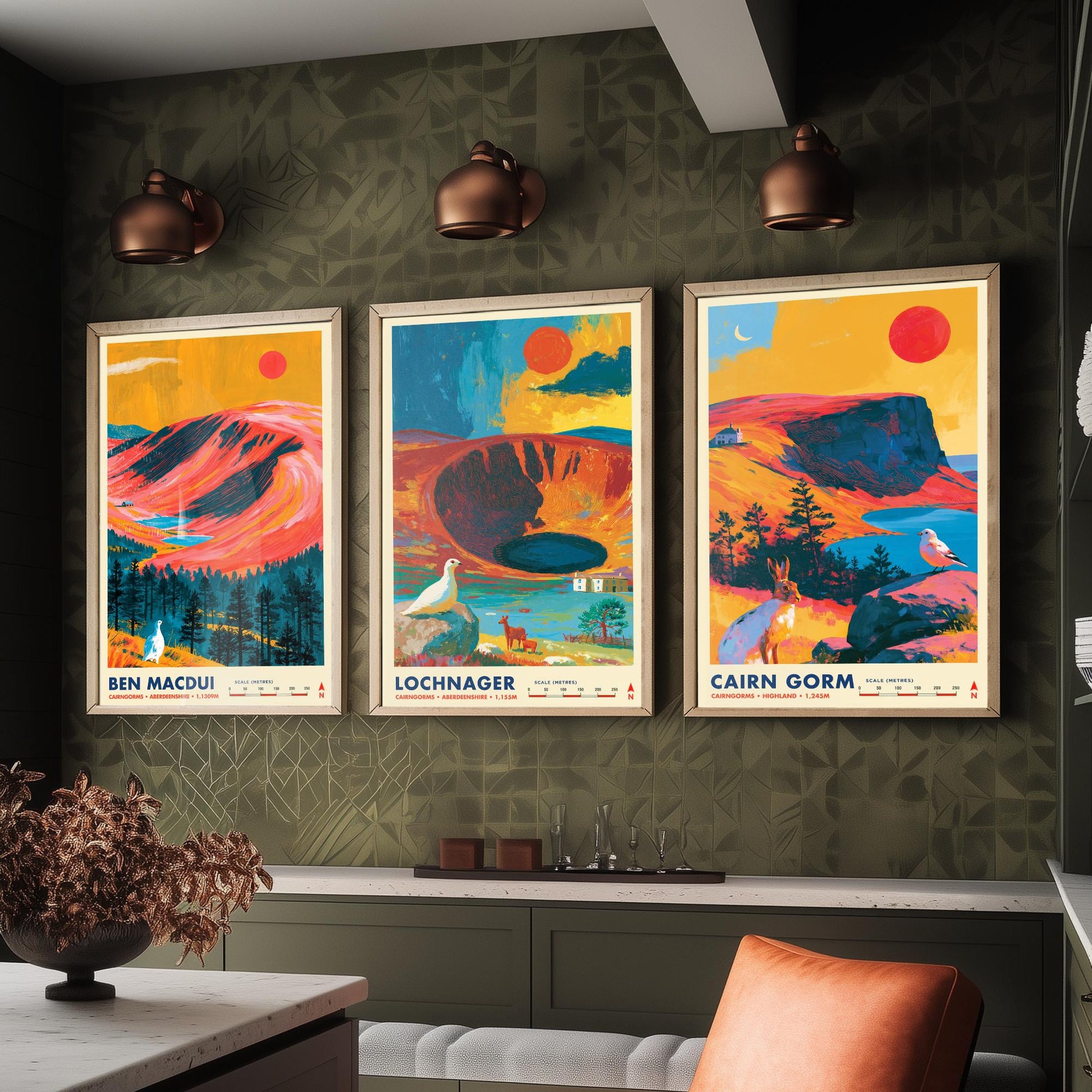Cairngorms Set of Three Travel Posters - Ben Macdui, Lochnagar, Cairn Gorm - Vibrant Scotland Art Print Illustration Gift