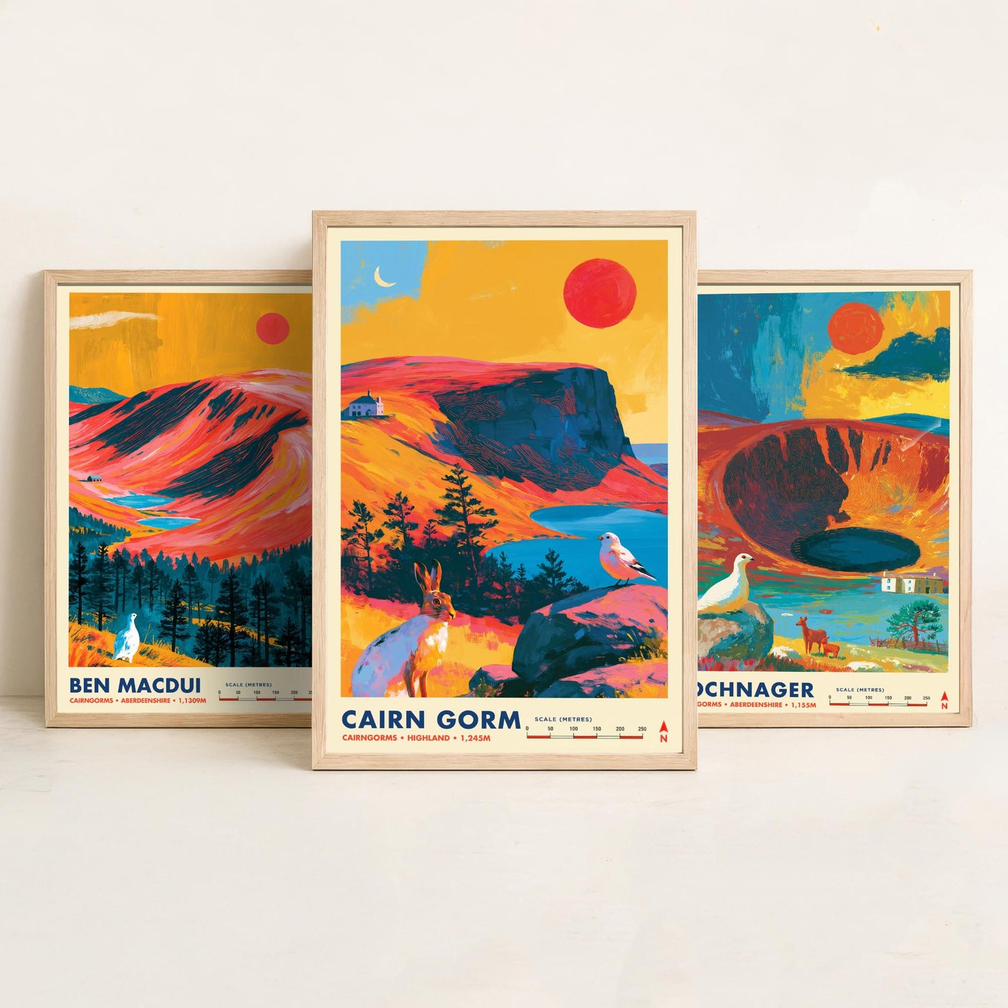 Cairngorms Set of Three Travel Posters - Ben Macdui, Lochnagar, Cairn Gorm - Vibrant Scotland Art Print Illustration Gift