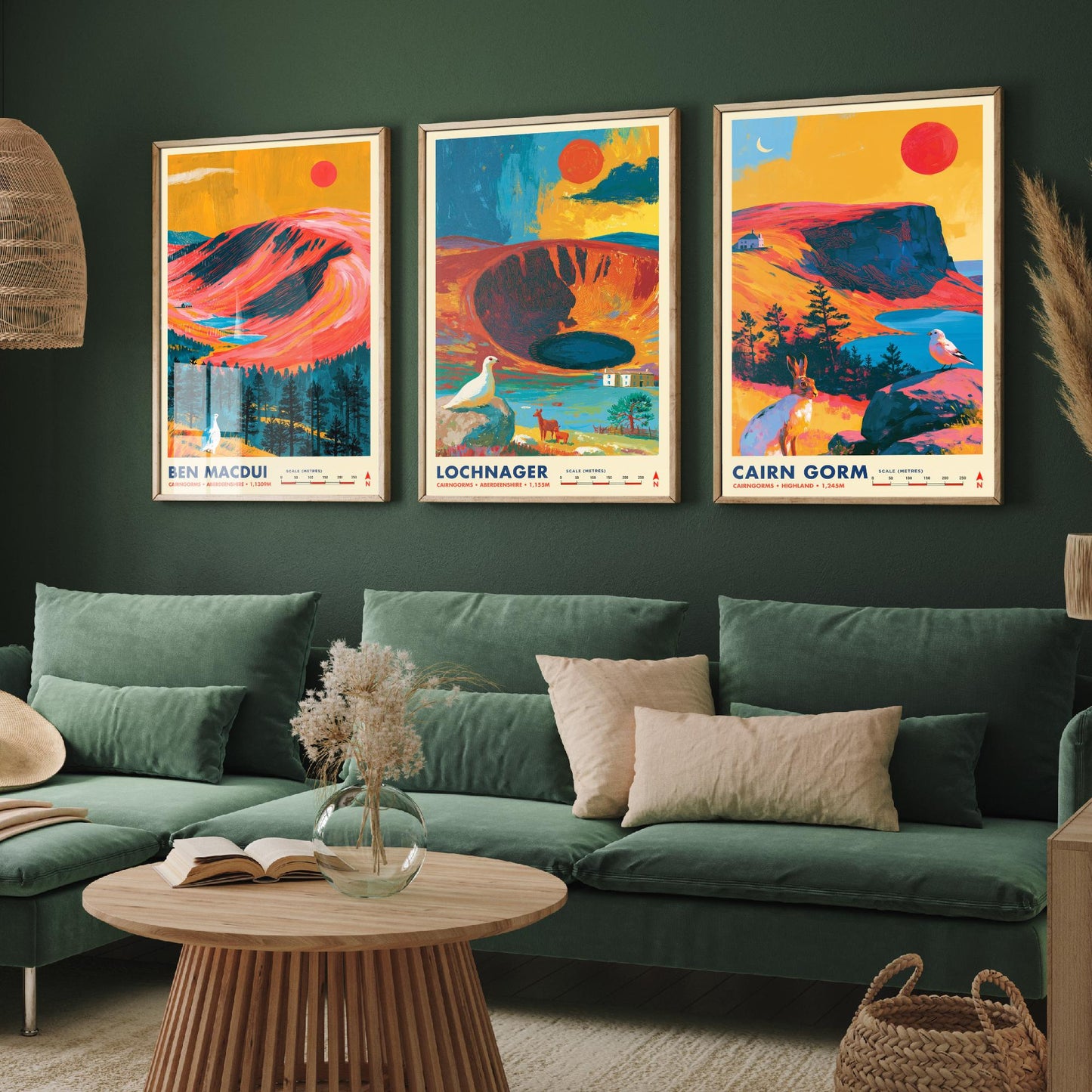Cairngorms Set of Three Travel Posters - Ben Macdui, Lochnagar, Cairn Gorm - Vibrant Scotland Art Print Illustration Gift