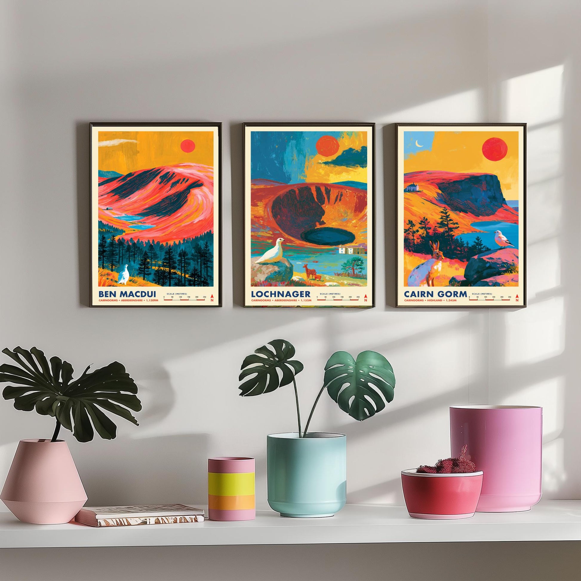 Cairngorms Set of Three Travel Posters - Ben Macdui, Lochnagar, Cairn Gorm - Vibrant Scotland Art Print Illustration Gift