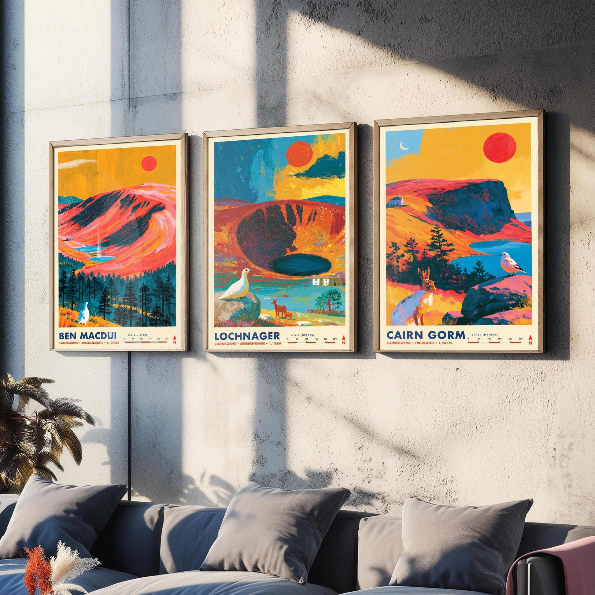 Cairngorms Set of Three Travel Posters - Ben Macdui, Lochnagar, Cairn Gorm - Vibrant Scotland Art Print Illustration Gift