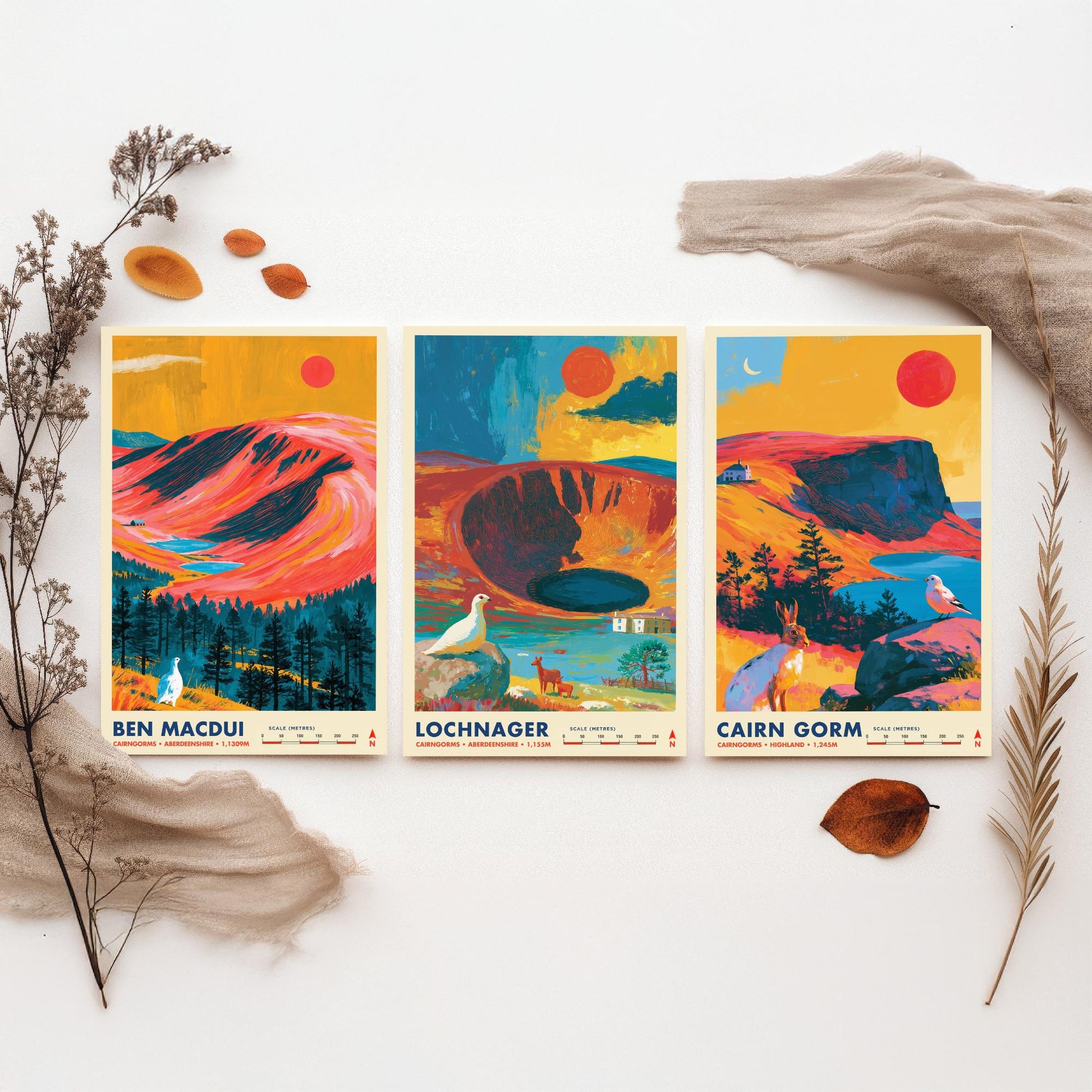 Cairngorms Set of Three Travel Posters - Ben Macdui, Lochnagar, Cairn Gorm - Vibrant Scotland Art Print Illustration Gift