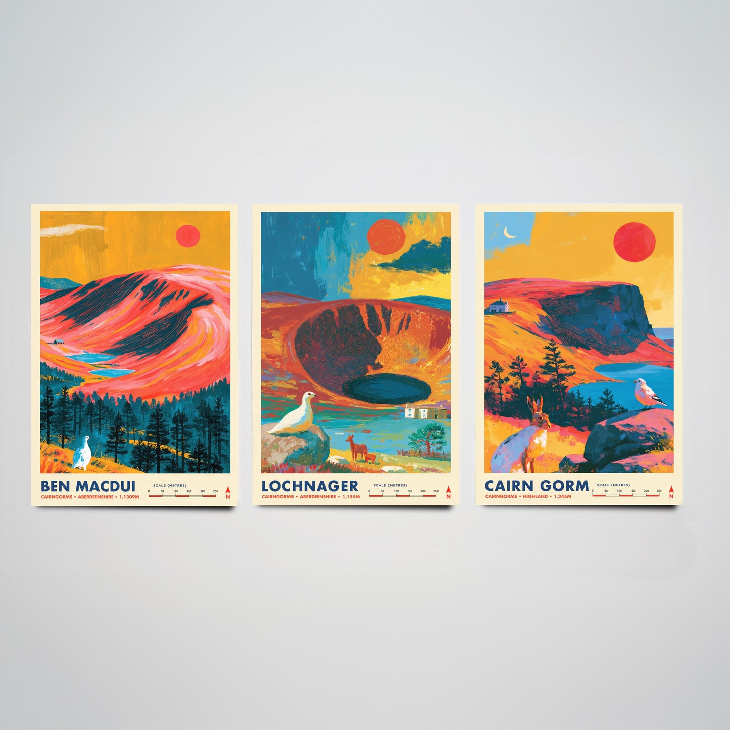 Cairngorms Set of Three Travel Posters - Ben Macdui, Lochnagar, Cairn Gorm - Vibrant Scotland Art Print Illustration Gift