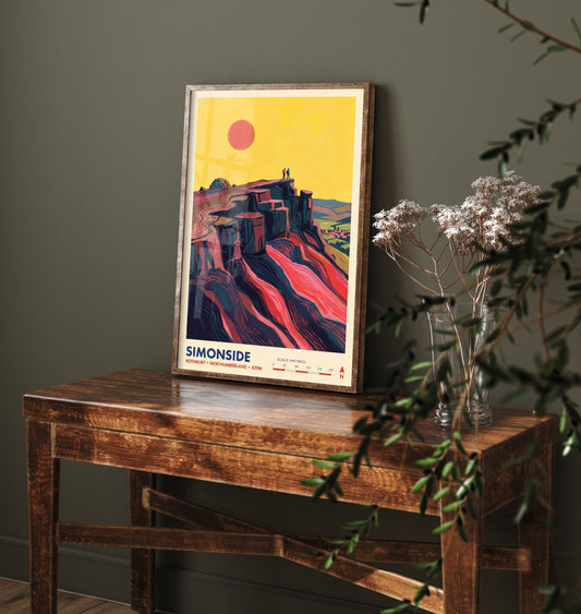 Simonside Travel Poster - Hikers on the Crags above Rothbury - Northumberland Hills Illustration - Folk Map Art Print 1/3