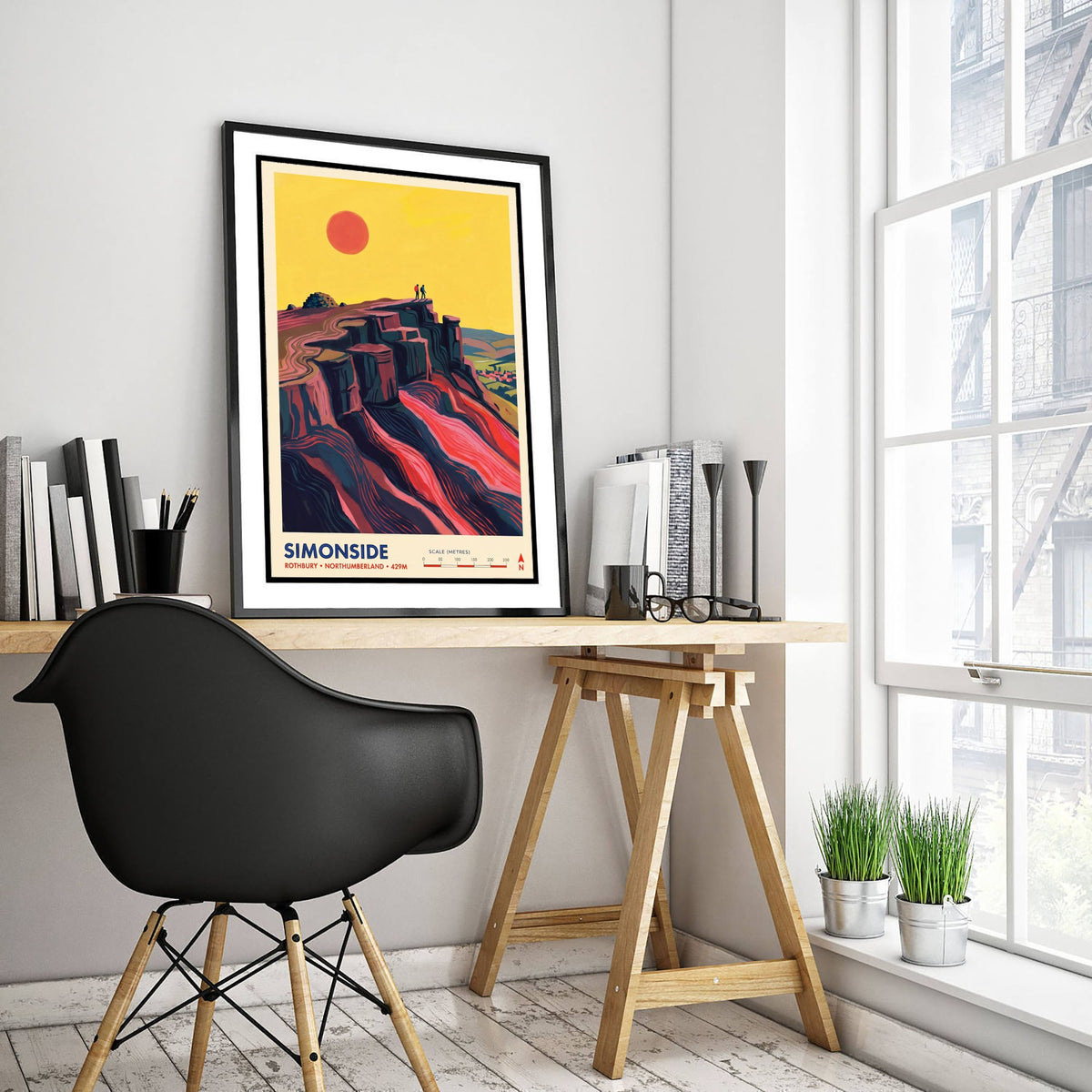 Simonside Travel Poster - Hikers on the Crags above Rothbury - Northumberland Hills Illustration - Folk Map Art Print 1/3