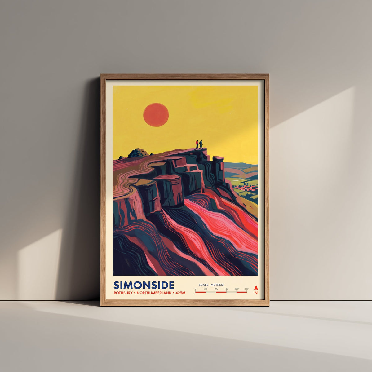 Simonside Travel Poster - Hikers on the Crags above Rothbury - Northumberland Hills Illustration - Folk Map Art Print 1/3