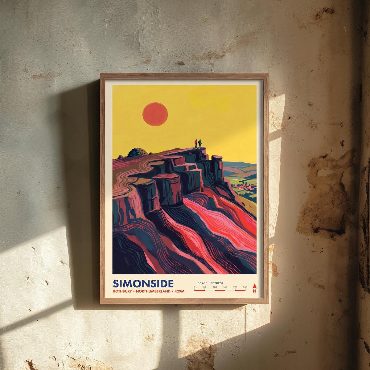 Simonside Travel Poster - Hikers on the Crags above Rothbury - Northumberland Hills Illustration - Folk Map Art Print 1/3