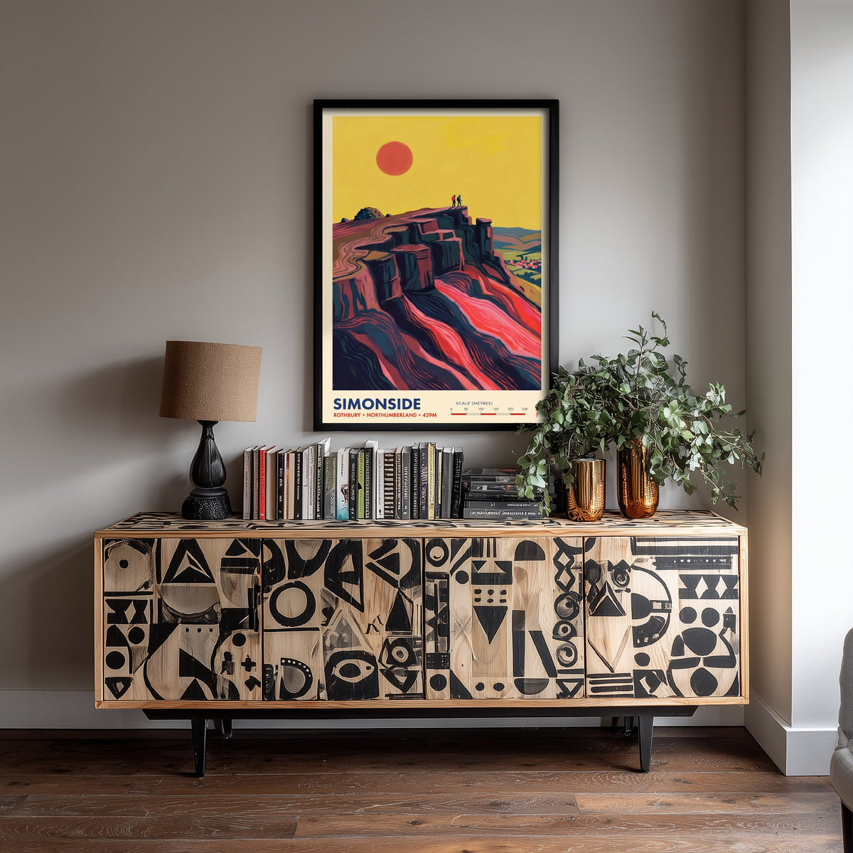 Simonside Travel Poster - Hikers on the Crags above Rothbury - Northumberland Hills Illustration - Folk Map Art Print 1/3