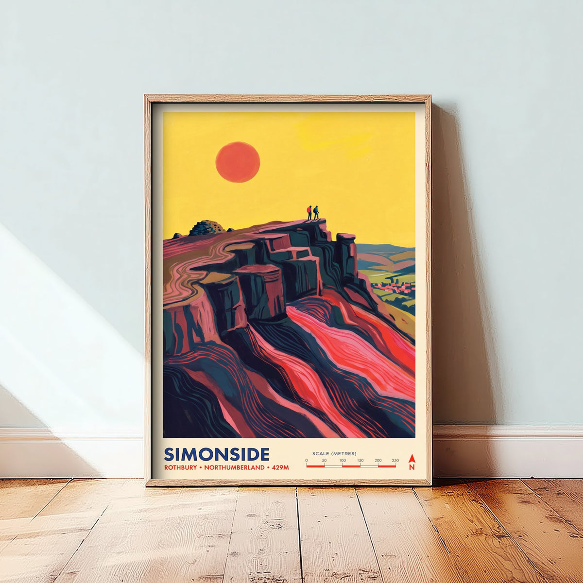 Simonside Travel Poster - Hikers on the Crags above Rothbury - Northumberland Hills Illustration - Folk Map Art Print 1/3