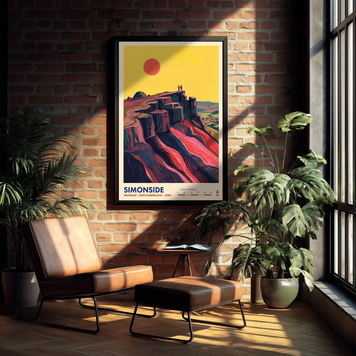 Simonside Travel Poster - Hikers on the Crags above Rothbury - Northumberland Hills Illustration - Folk Map Art Print 1/3