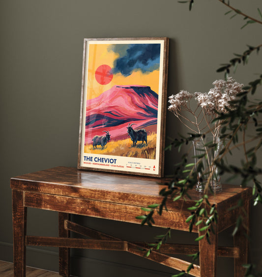 The Cheviot Travel Poster - Wild Goats and Storm Cloud Illustration - Wooler Northumberland Art Print - 815m Summit Plateau 2/3