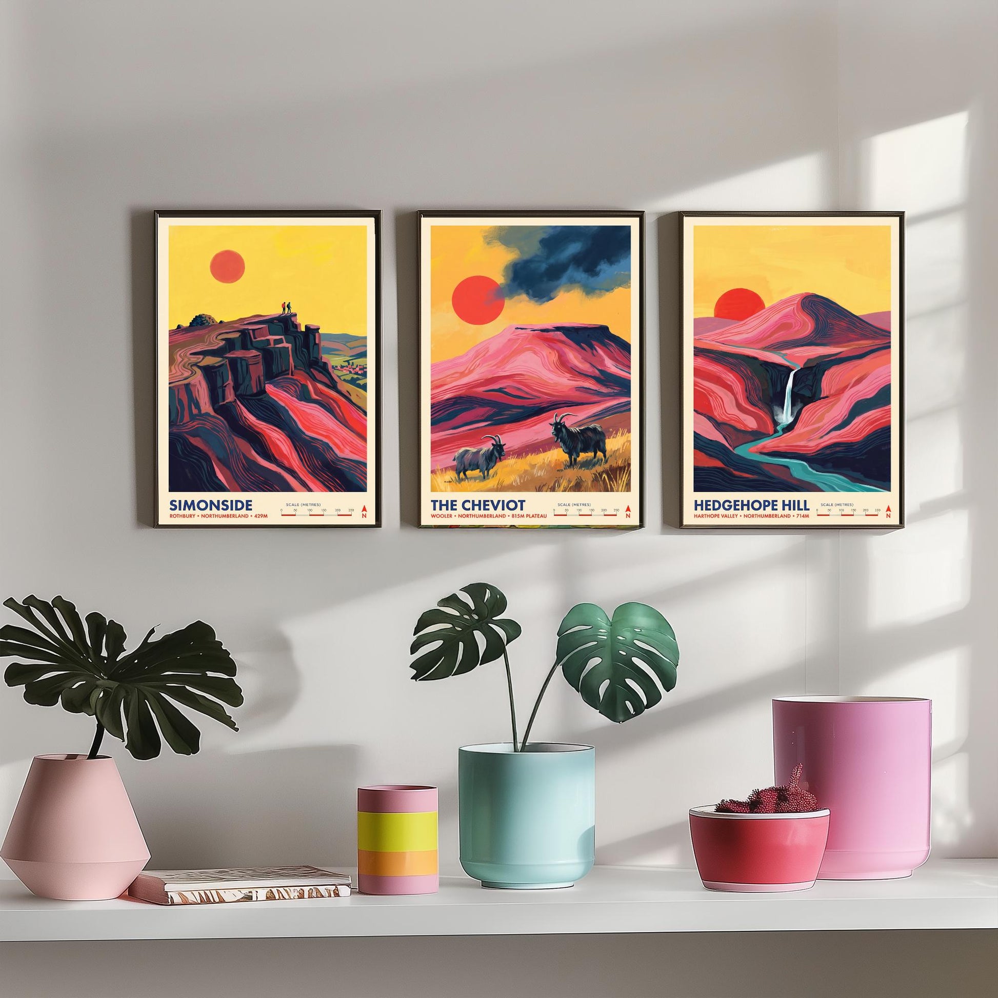 The Cheviots and Simonside Set of Three Art Prints - Simonside, The Cheviot, Hedgehope Hill - Northumberland Travel Posters Painting