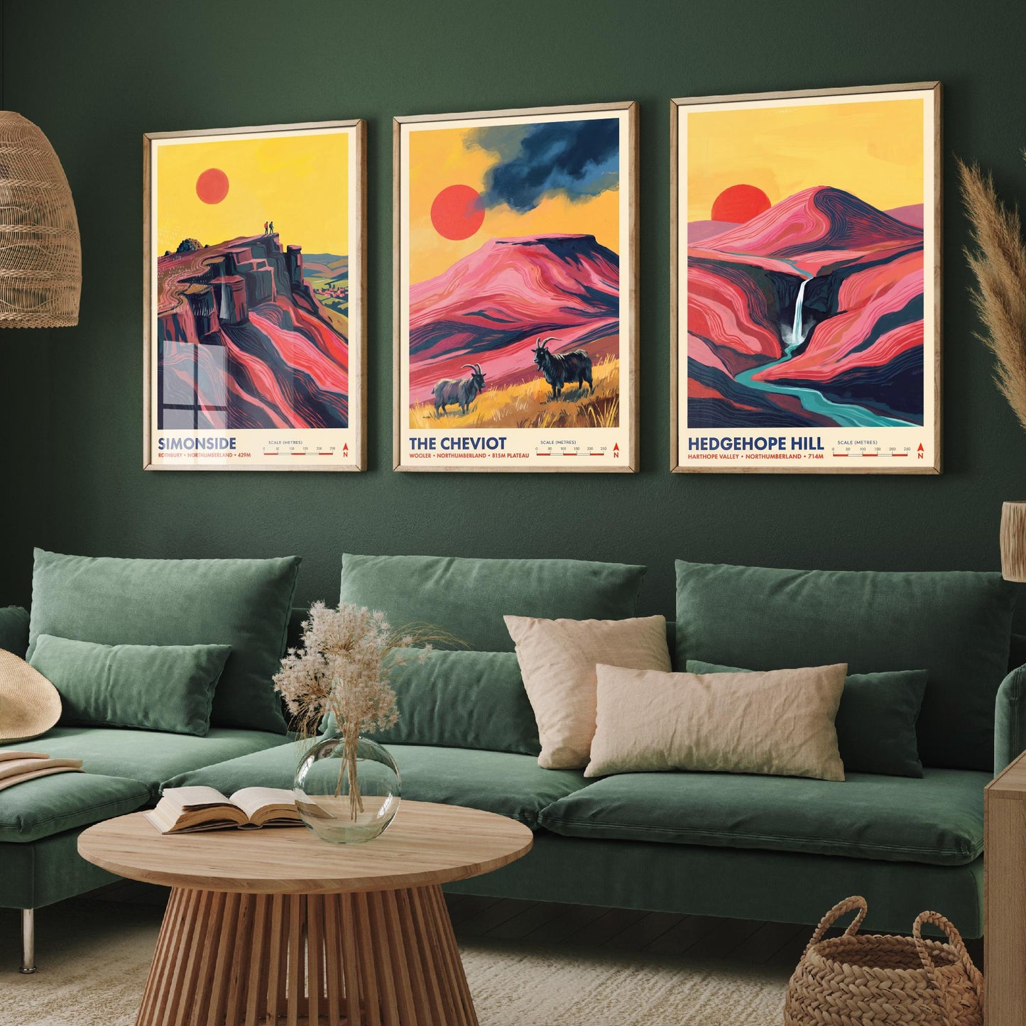 The Cheviots and Simonside Set of Three Art Prints - Simonside, The Cheviot, Hedgehope Hill - Northumberland Travel Posters Painting