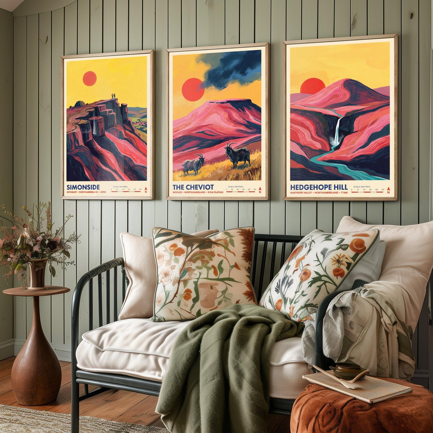The Cheviots and Simonside Set of Three Art Prints - Simonside, The Cheviot, Hedgehope Hill - Northumberland Travel Posters Painting