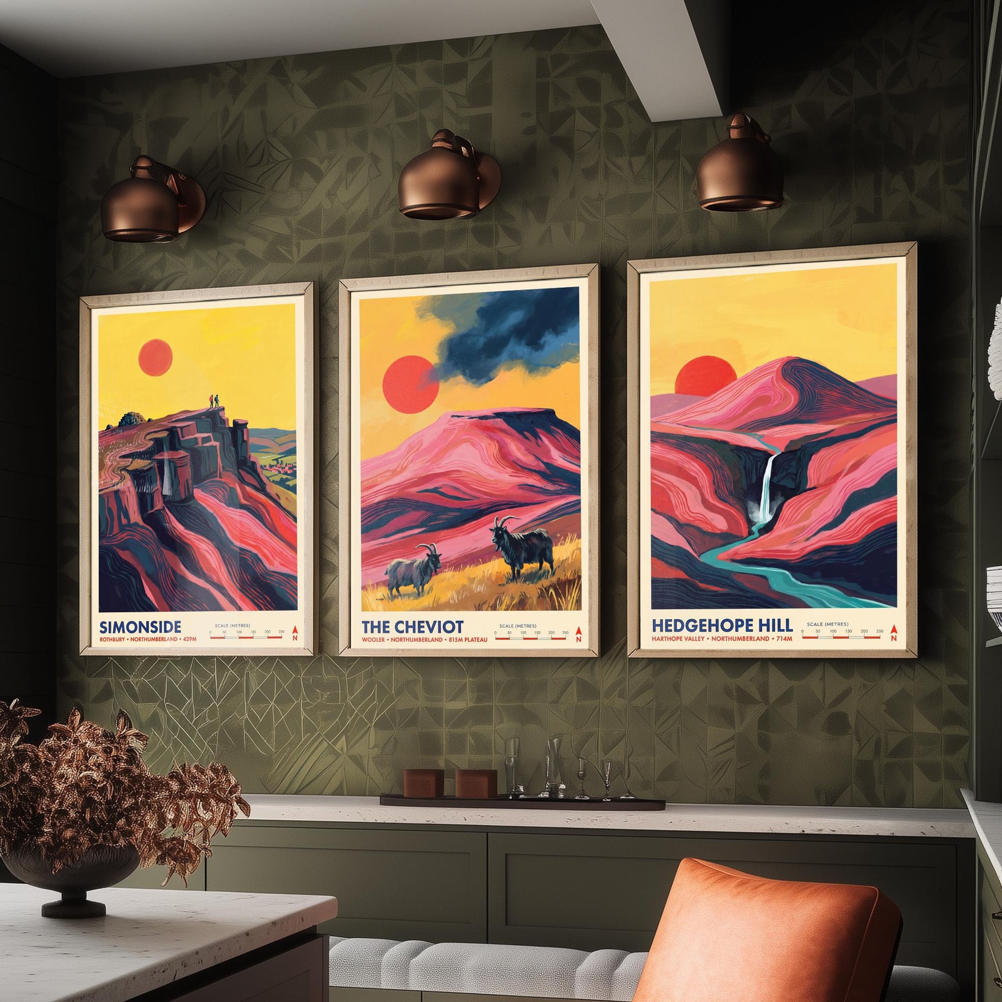 The Cheviots and Simonside Set of Three Art Prints - Simonside, The Cheviot, Hedgehope Hill - Northumberland Travel Posters Painting