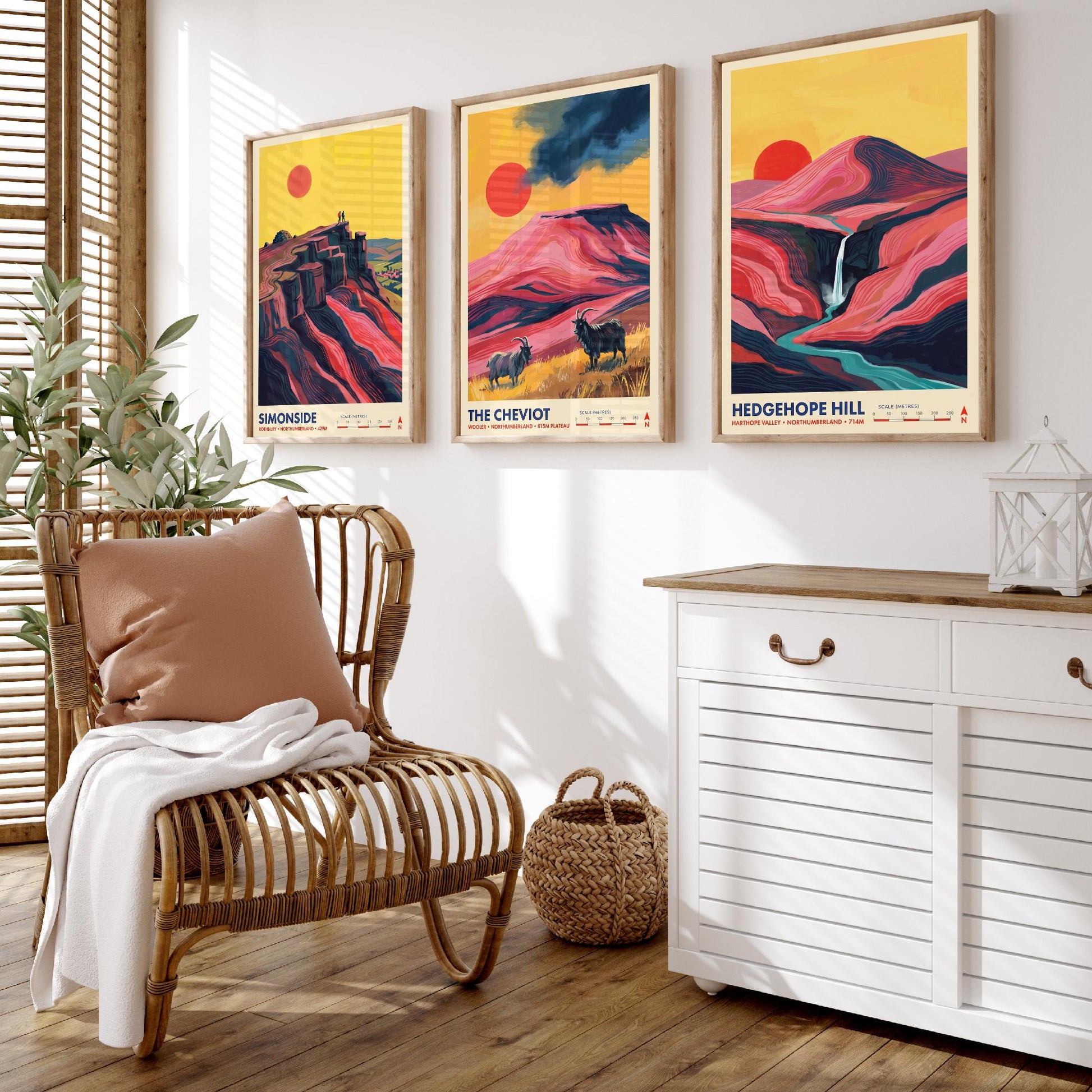 The Cheviots and Simonside Set of Three Art Prints - Simonside, The Cheviot, Hedgehope Hill - Northumberland Travel Posters Painting