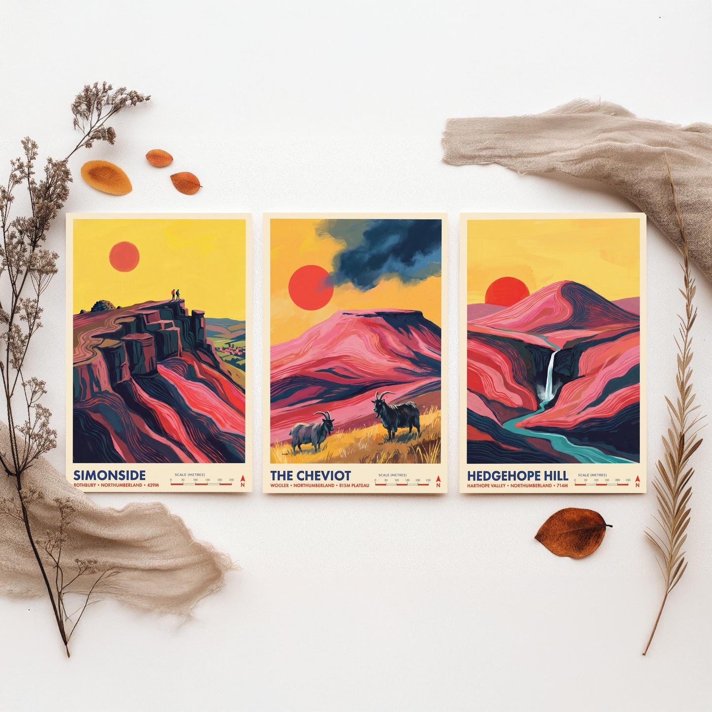 The Cheviots and Simonside Set of Three Art Prints - Simonside, The Cheviot, Hedgehope Hill - Northumberland Travel Posters Painting