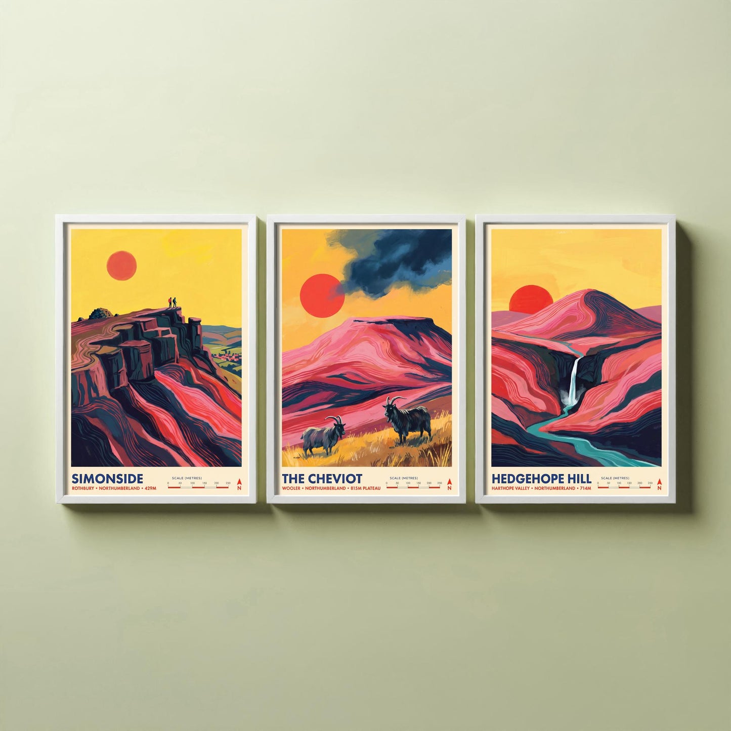The Cheviots and Simonside Set of Three Art Prints - Simonside, The Cheviot, Hedgehope Hill - Northumberland Travel Posters Painting