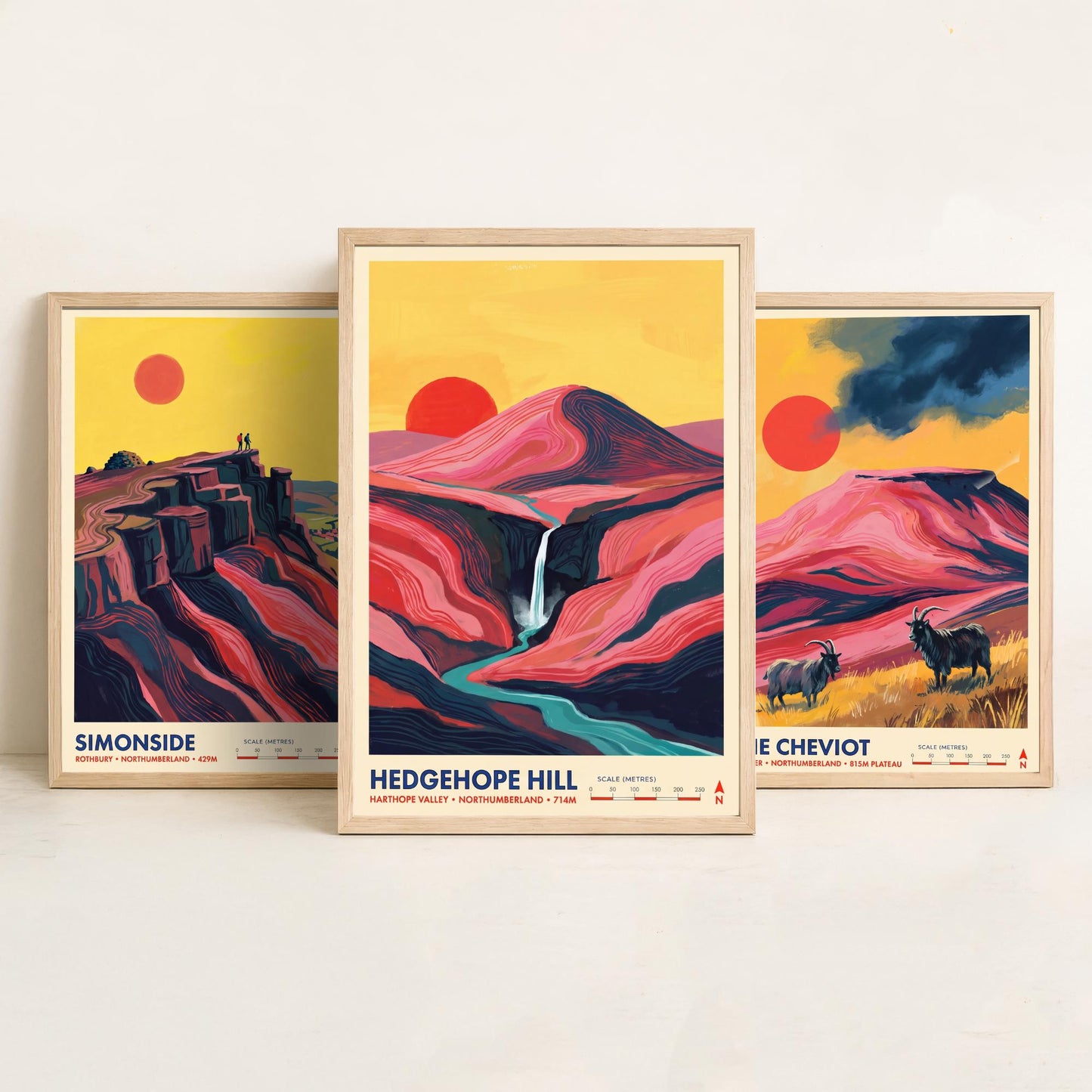 The Cheviots and Simonside Set of Three Art Prints - Simonside, The Cheviot, Hedgehope Hill - Northumberland Travel Posters Painting