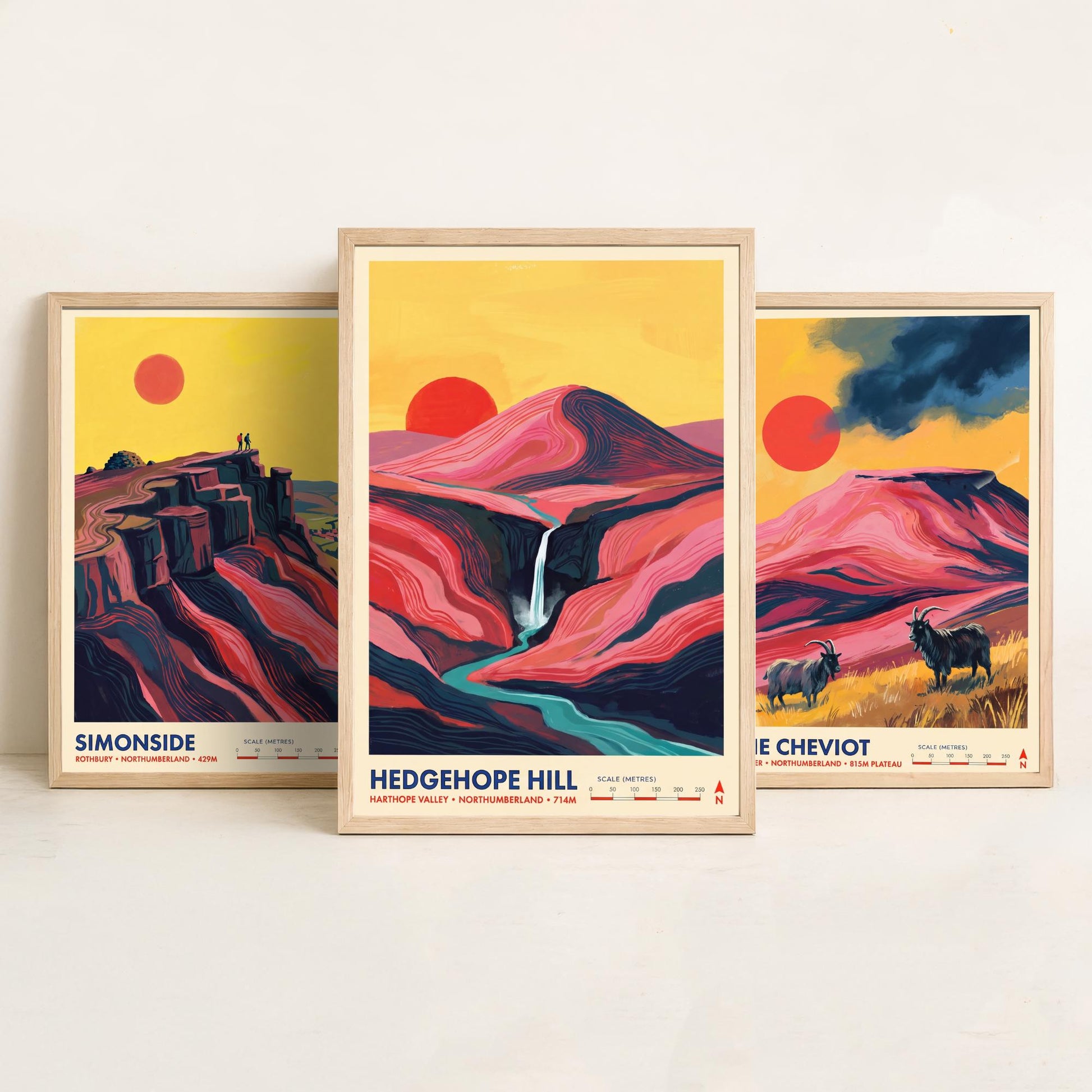 The Cheviots and Simonside Set of Three Art Prints - Simonside, The Cheviot, Hedgehope Hill - Northumberland Travel Posters Painting