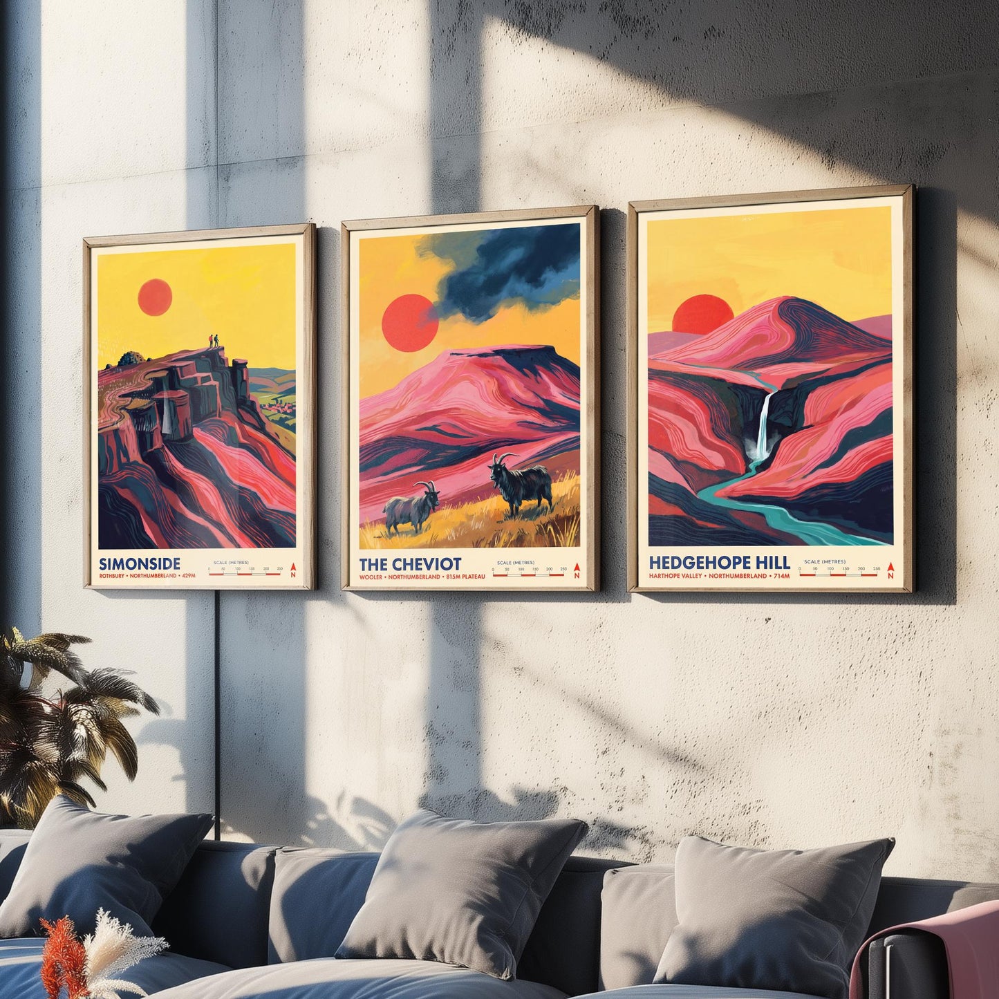 The Cheviots and Simonside Set of Three Art Prints - Simonside, The Cheviot, Hedgehope Hill - Northumberland Travel Posters Painting