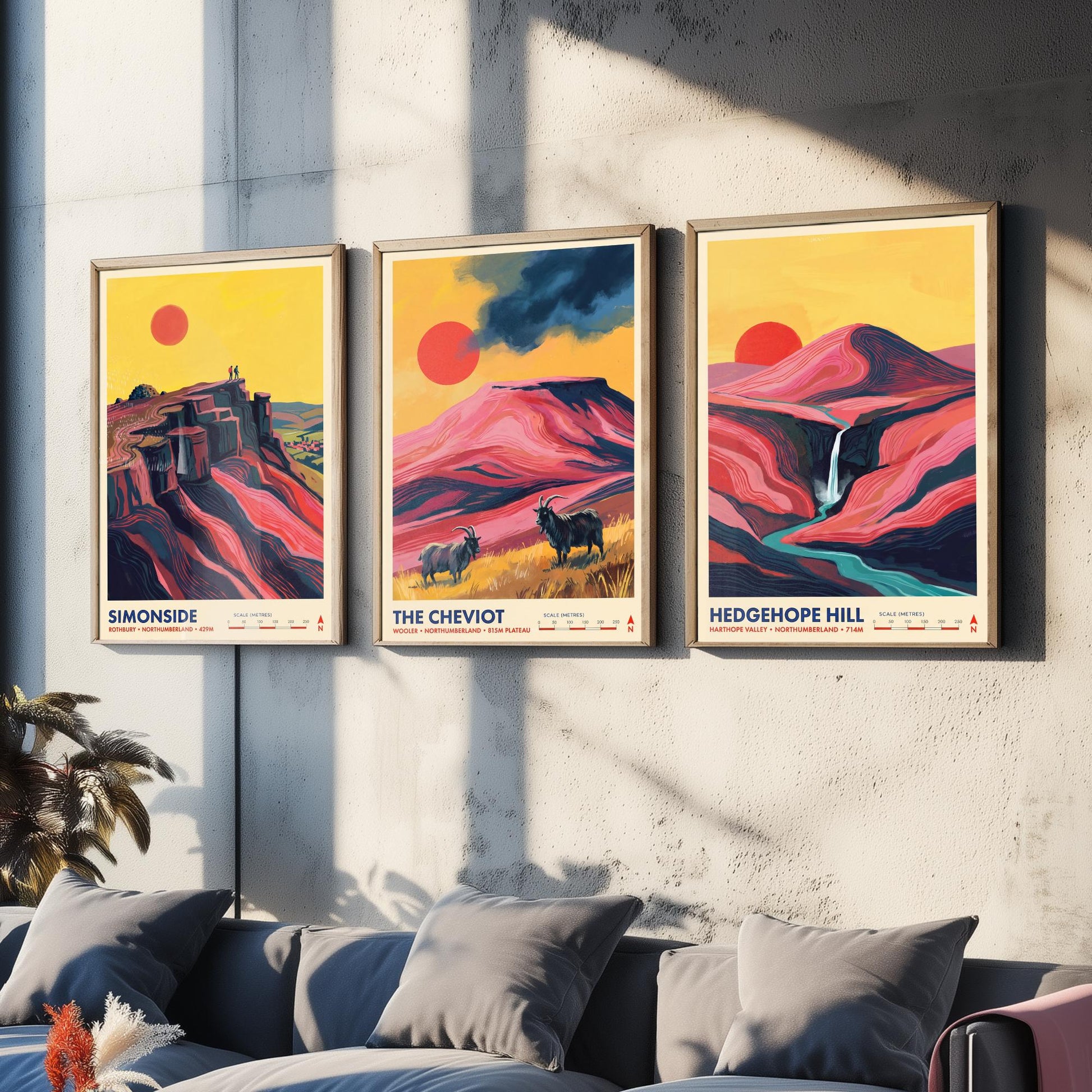 The Cheviots and Simonside Set of Three Art Prints - Simonside, The Cheviot, Hedgehope Hill - Northumberland Travel Posters Painting