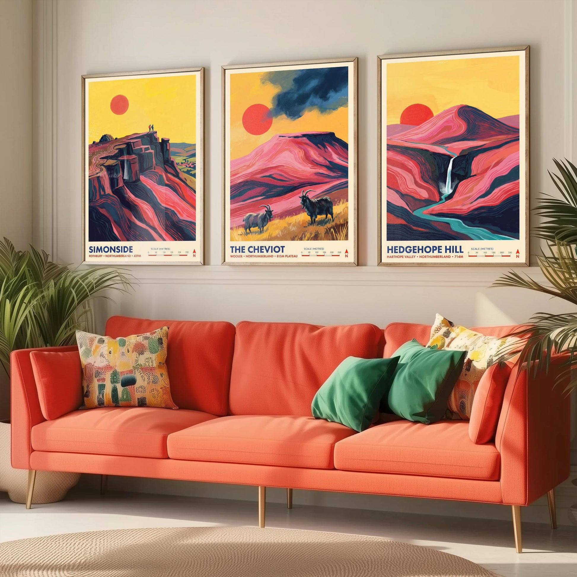 The Cheviots and Simonside Set of Three Art Prints - Simonside, The Cheviot, Hedgehope Hill - Northumberland Travel Posters Painting