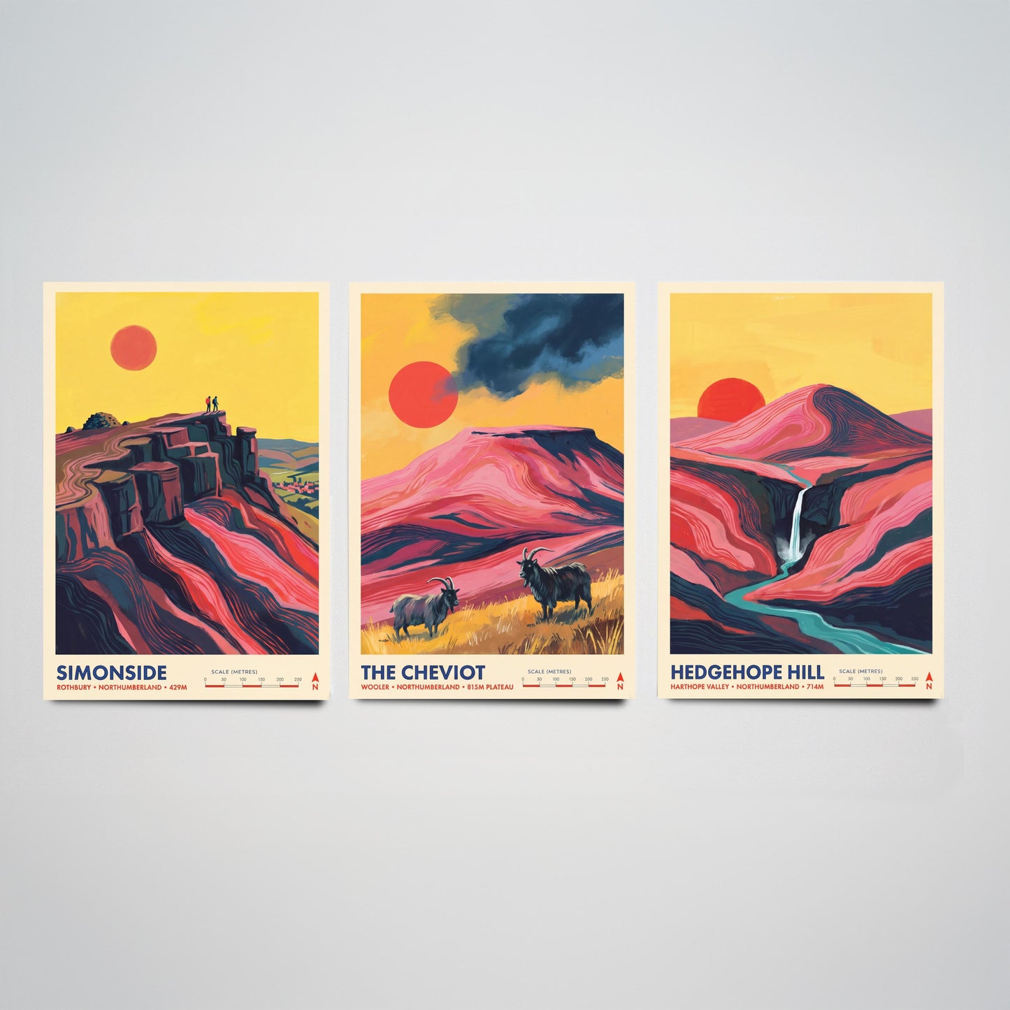 The Cheviots and Simonside Set of Three Art Prints - Simonside, The Cheviot, Hedgehope Hill - Northumberland Travel Posters Painting